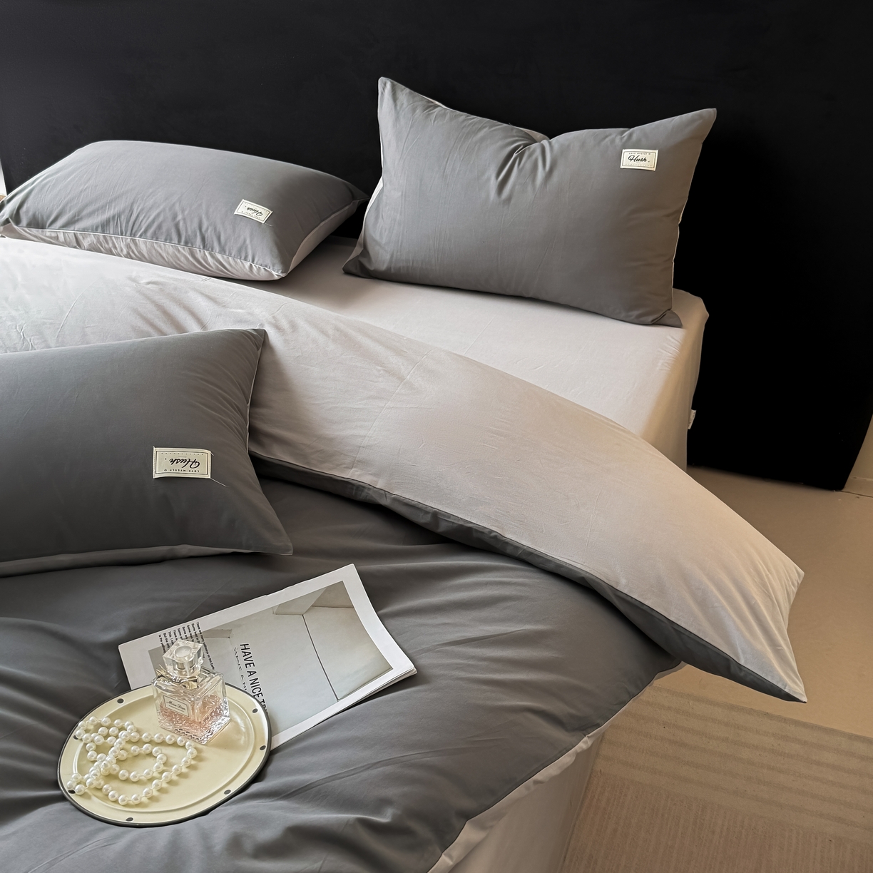 91家纺网 家纺一手货源 找家纺 木子家纺 2026新款高支高密全棉纯棉双拼纯色四件套 星月灰