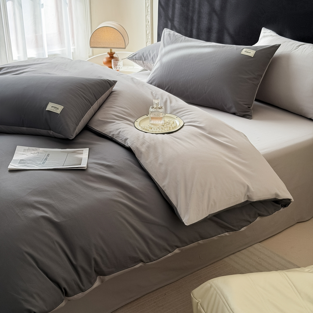 91家纺网 家纺一手货源 找家纺 木子家纺 2026新款高支高密全棉纯棉双拼纯色四件套 星月灰