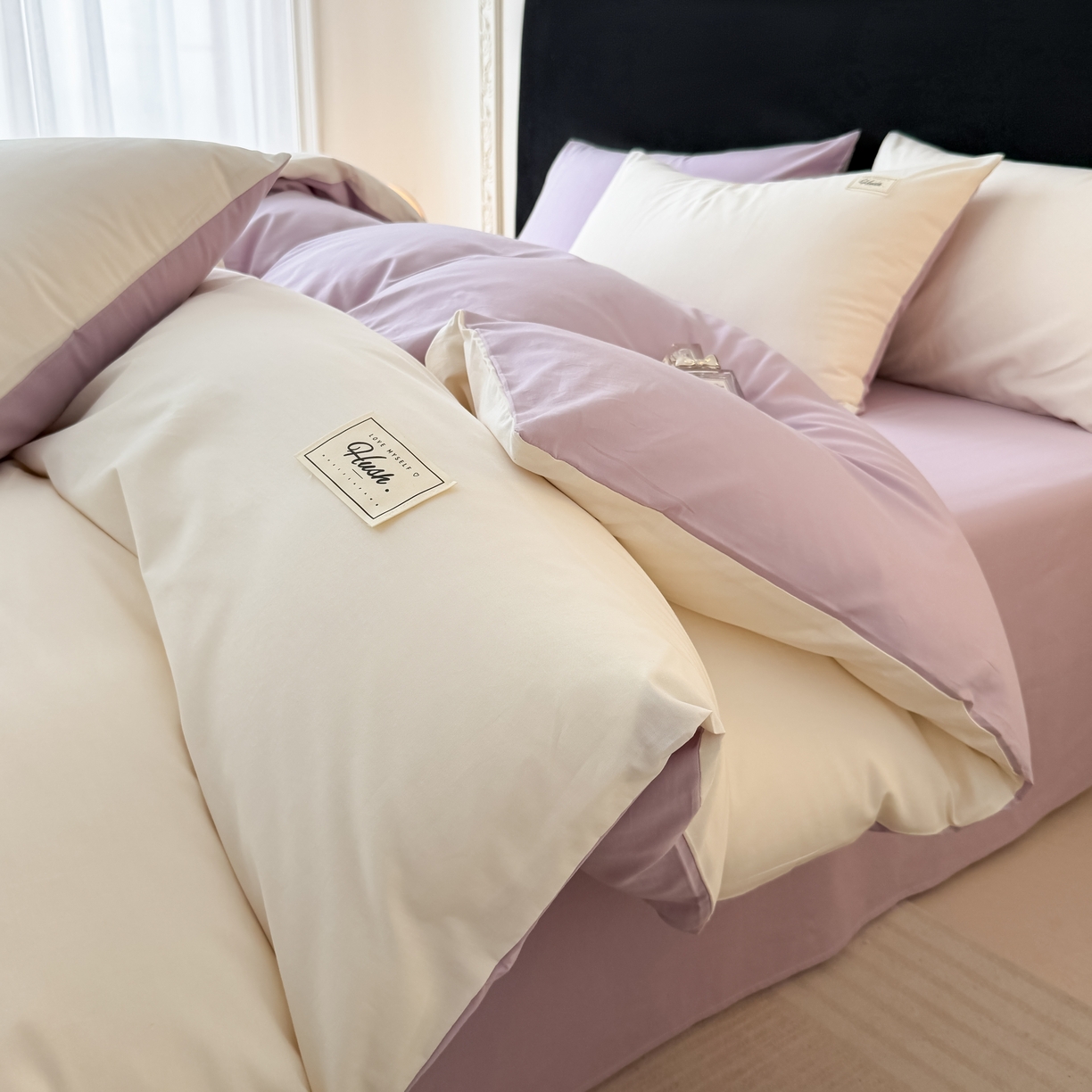 木子家纺 2026新款高支高密全棉纯棉双拼纯色四件套 椰白葡萄