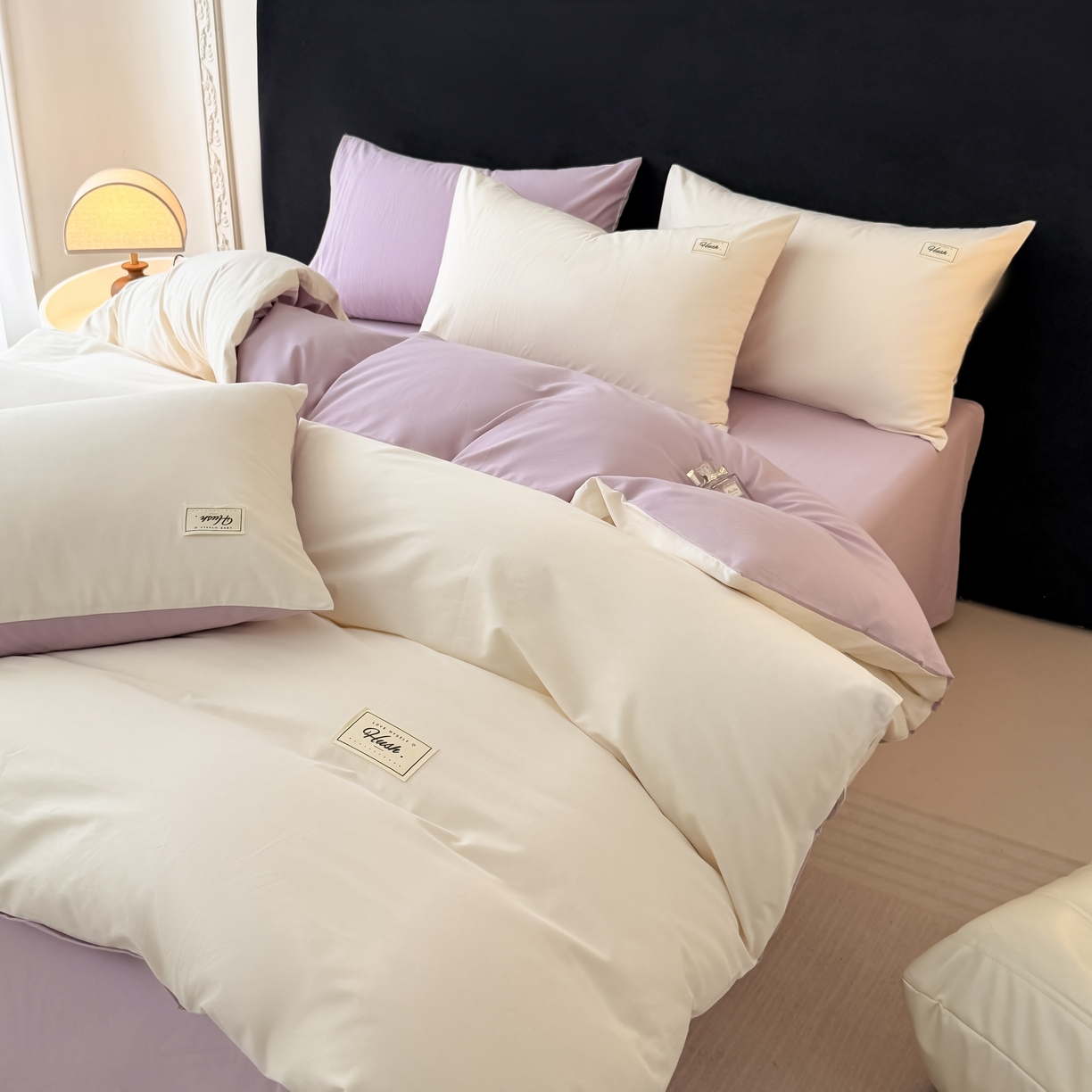 91家纺网 家纺一手货源 找家纺 木子家纺 2026新款高支高密全棉纯棉双拼纯色四件套 椰白葡萄