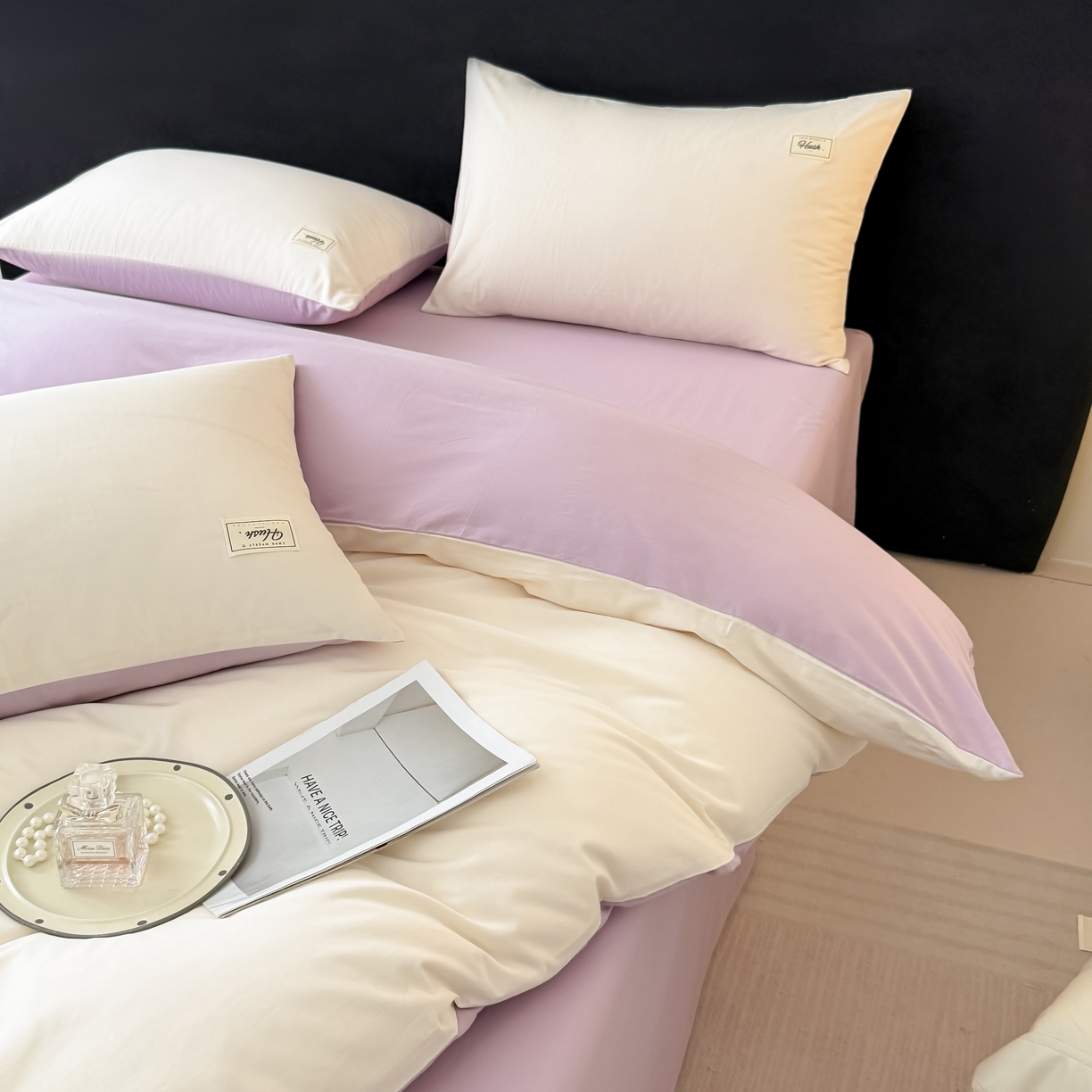 91家纺网 家纺一手货源 找家纺 木子家纺 2026新款高支高密全棉纯棉双拼纯色四件套 椰白葡萄