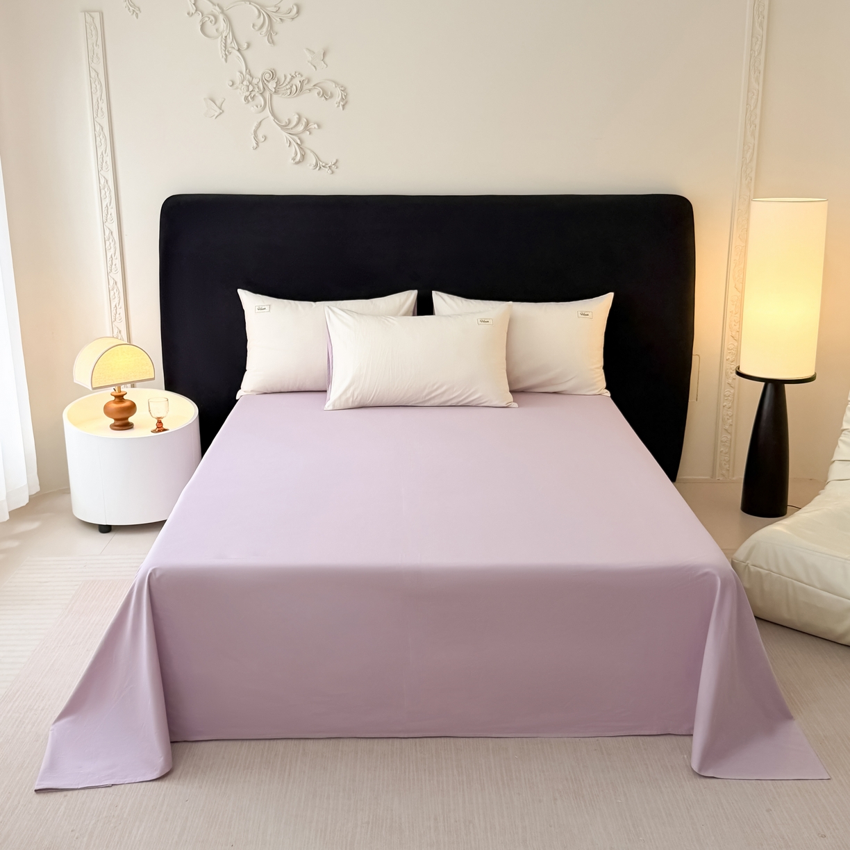 91家纺网 家纺一手货源 找家纺 木子家纺 2026新款高支高密全棉纯棉双拼纯色四件套 椰白葡萄