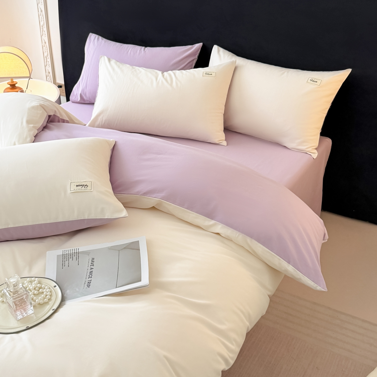 91家纺网 家纺一手货源 找家纺 木子家纺 2026新款高支高密全棉纯棉双拼纯色四件套 椰白葡萄