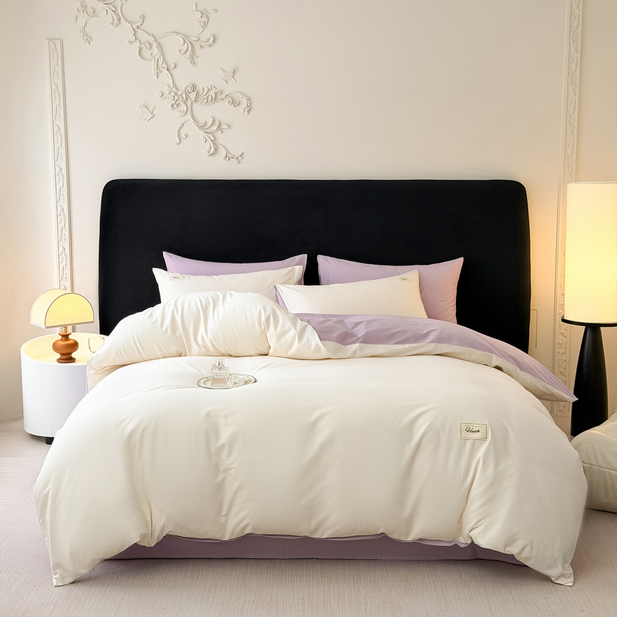 91家纺网 家纺一手货源 找家纺 木子家纺 2026新款高支高密全棉纯棉双拼纯色四件套 椰白葡萄