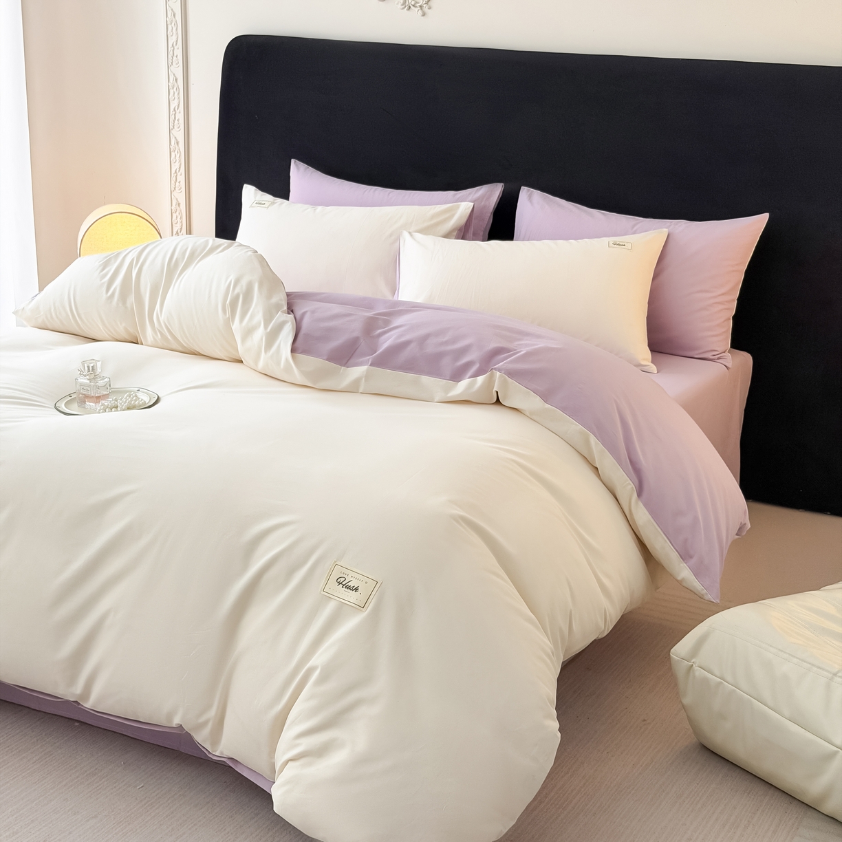 91家纺网 家纺一手货源 找家纺 木子家纺 2026新款高支高密全棉纯棉双拼纯色四件套 椰白葡萄