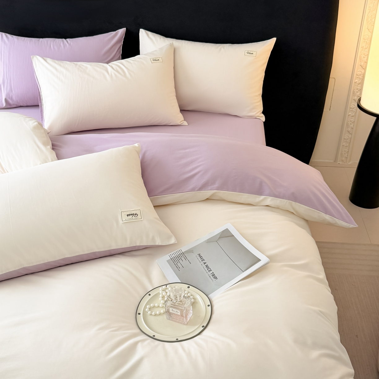 91家纺网 家纺一手货源 找家纺 木子家纺 2026新款高支高密全棉纯棉双拼纯色四件套 椰白葡萄