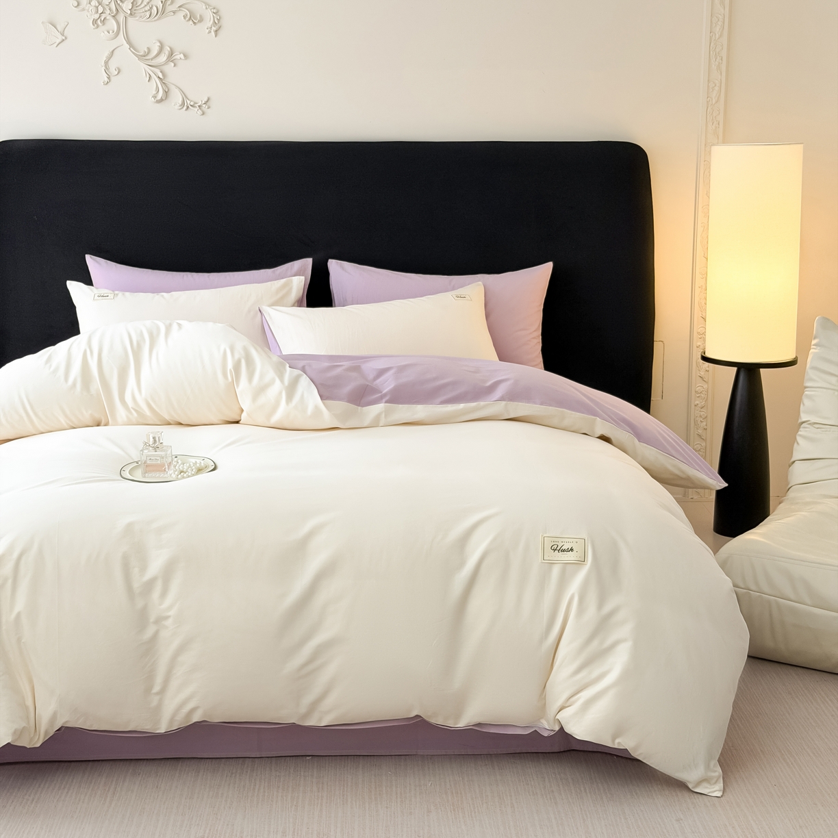 91家纺网 家纺一手货源 找家纺 木子家纺 2026新款高支高密全棉纯棉双拼纯色四件套 椰白葡萄