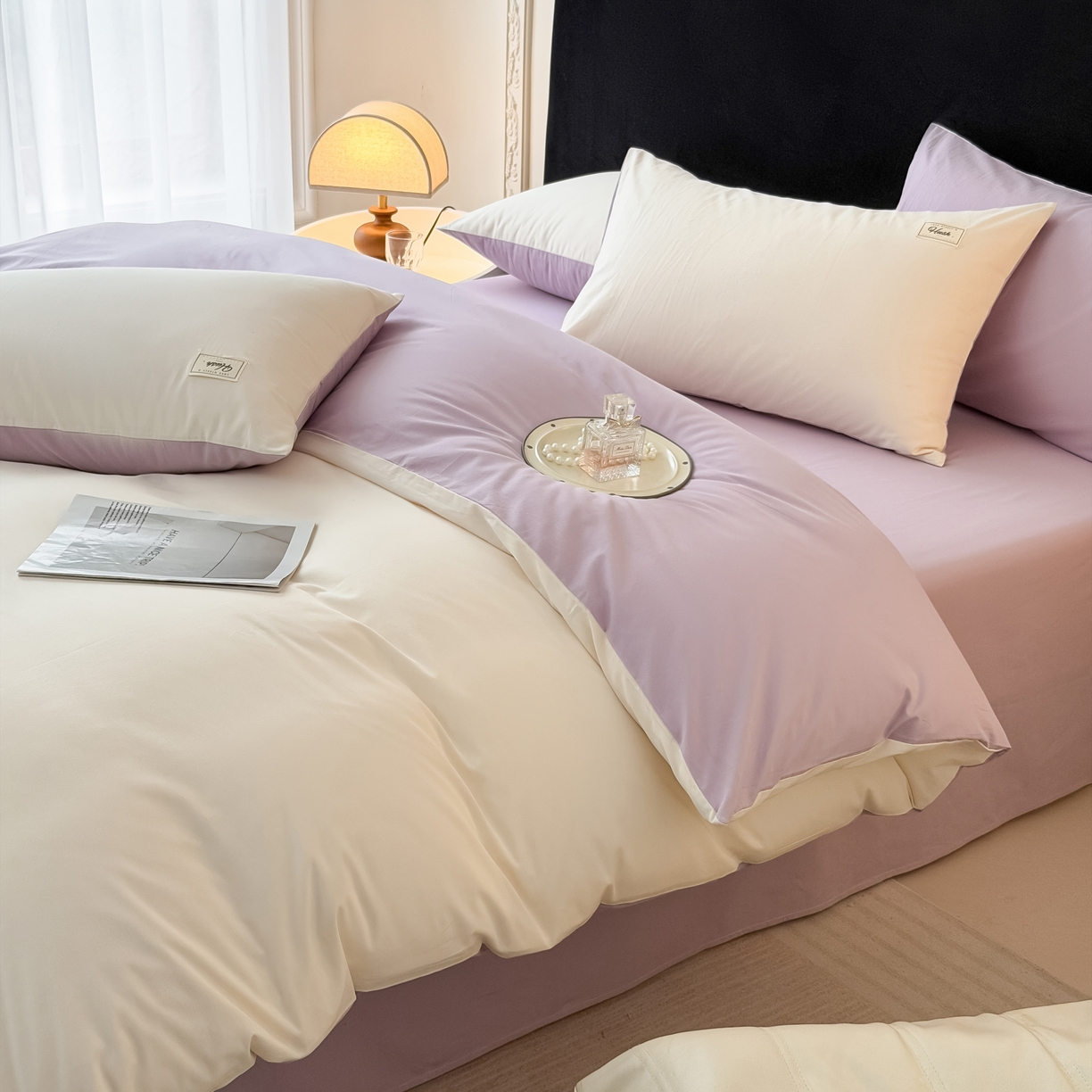 91家纺网 家纺一手货源 找家纺 木子家纺 2026新款高支高密全棉纯棉双拼纯色四件套 椰白葡萄