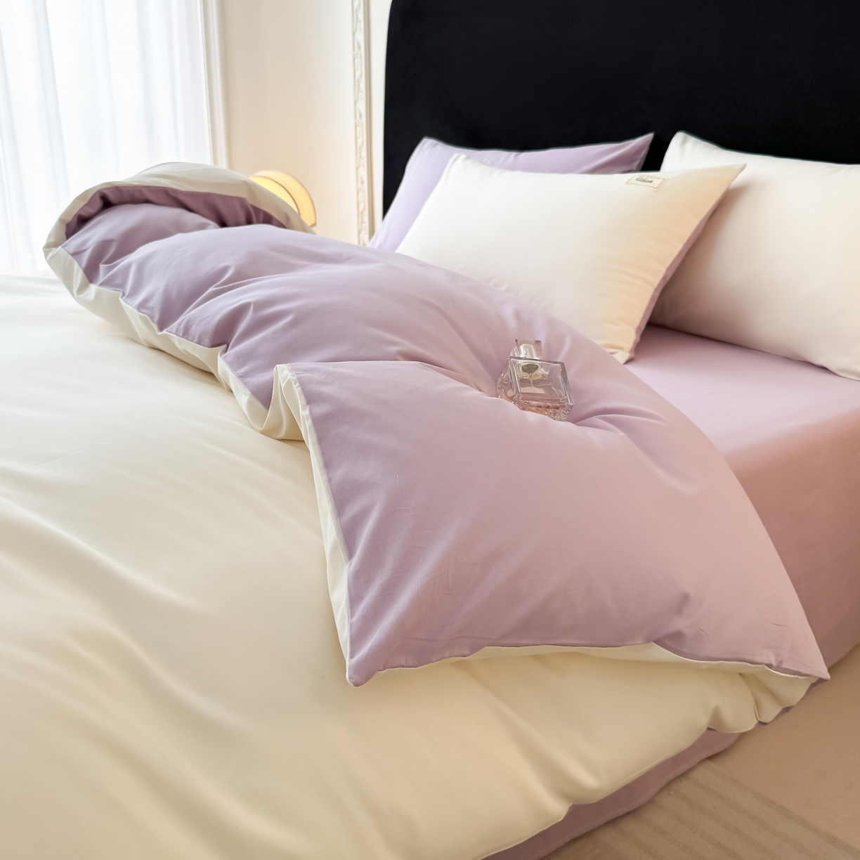 91家纺网 家纺一手货源 找家纺 木子家纺 2026新款高支高密全棉纯棉双拼纯色四件套 椰白葡萄