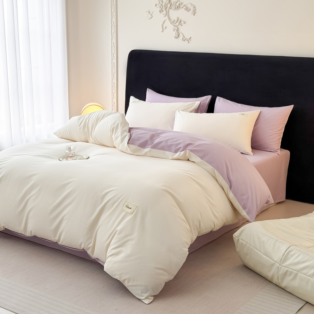 91家纺网 家纺一手货源 找家纺 木子家纺 2026新款高支高密全棉纯棉双拼纯色四件套 椰白葡萄