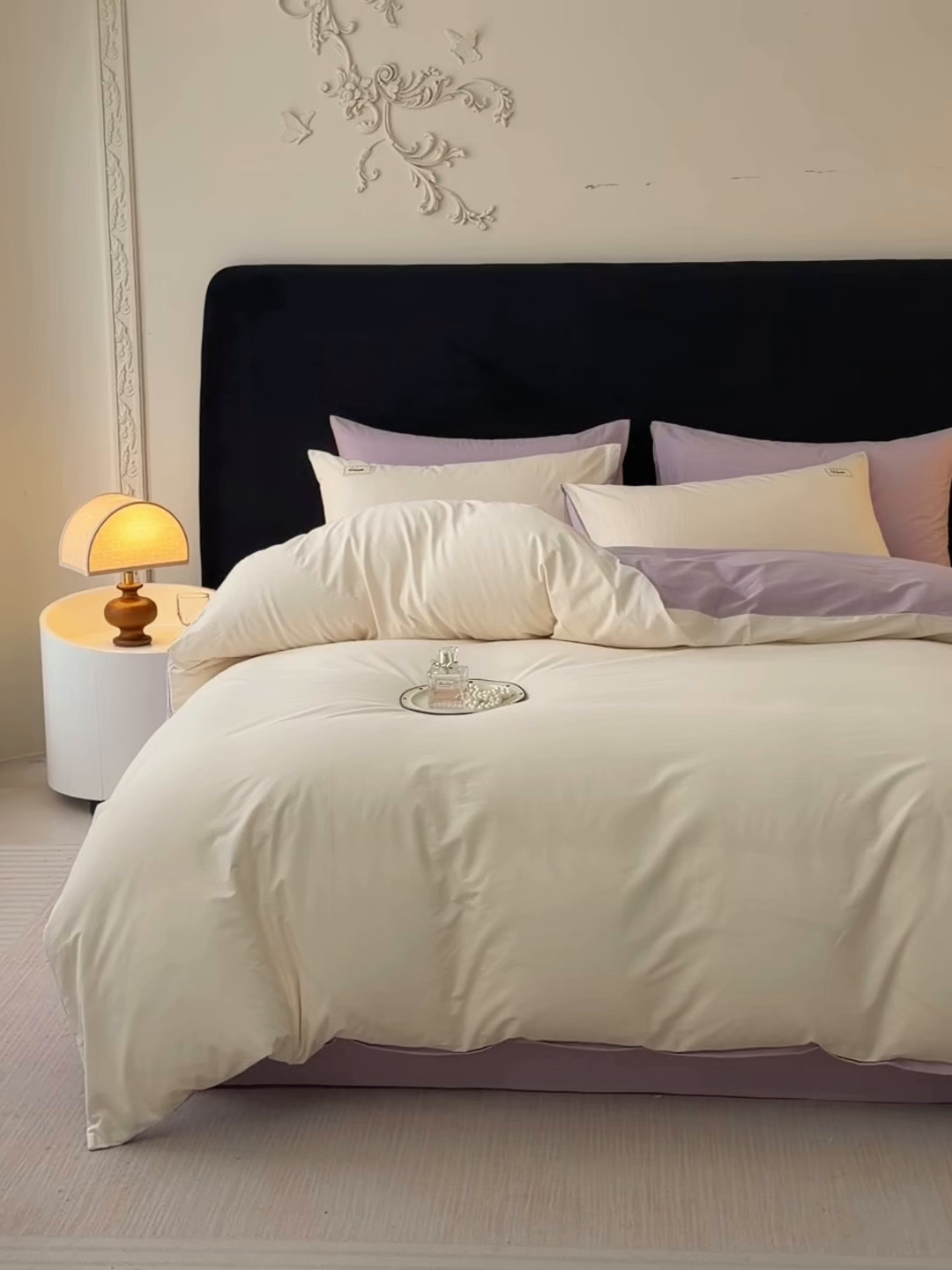 91家纺网 家纺一手货源 找家纺 木子家纺 2026新款高支高密全棉纯棉双拼纯色四件套 椰白葡萄