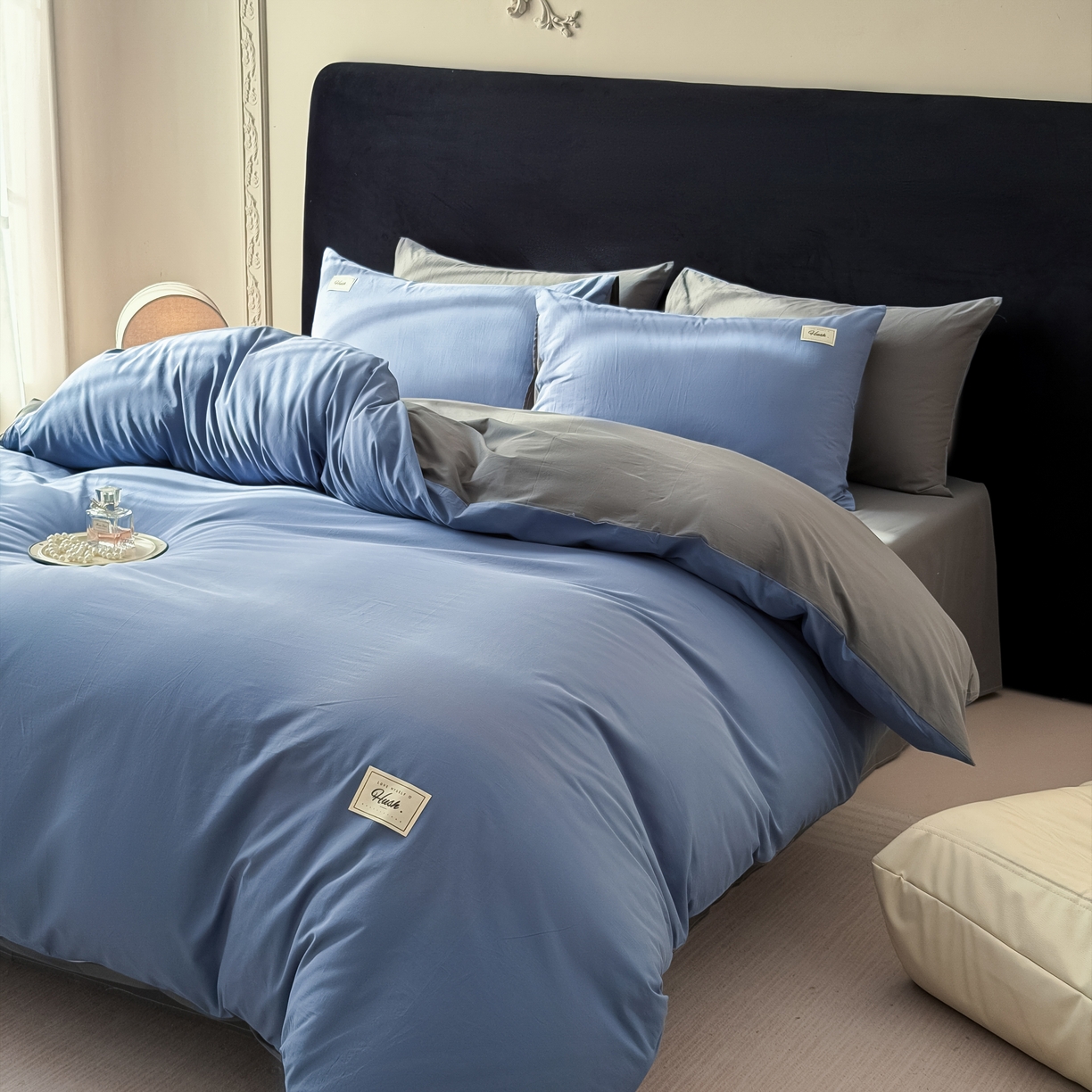 91家纺网 家纺一手货源 找家纺 木子家纺 2026新款高支高密全棉纯棉双拼纯色四件套 幽蓝深灰