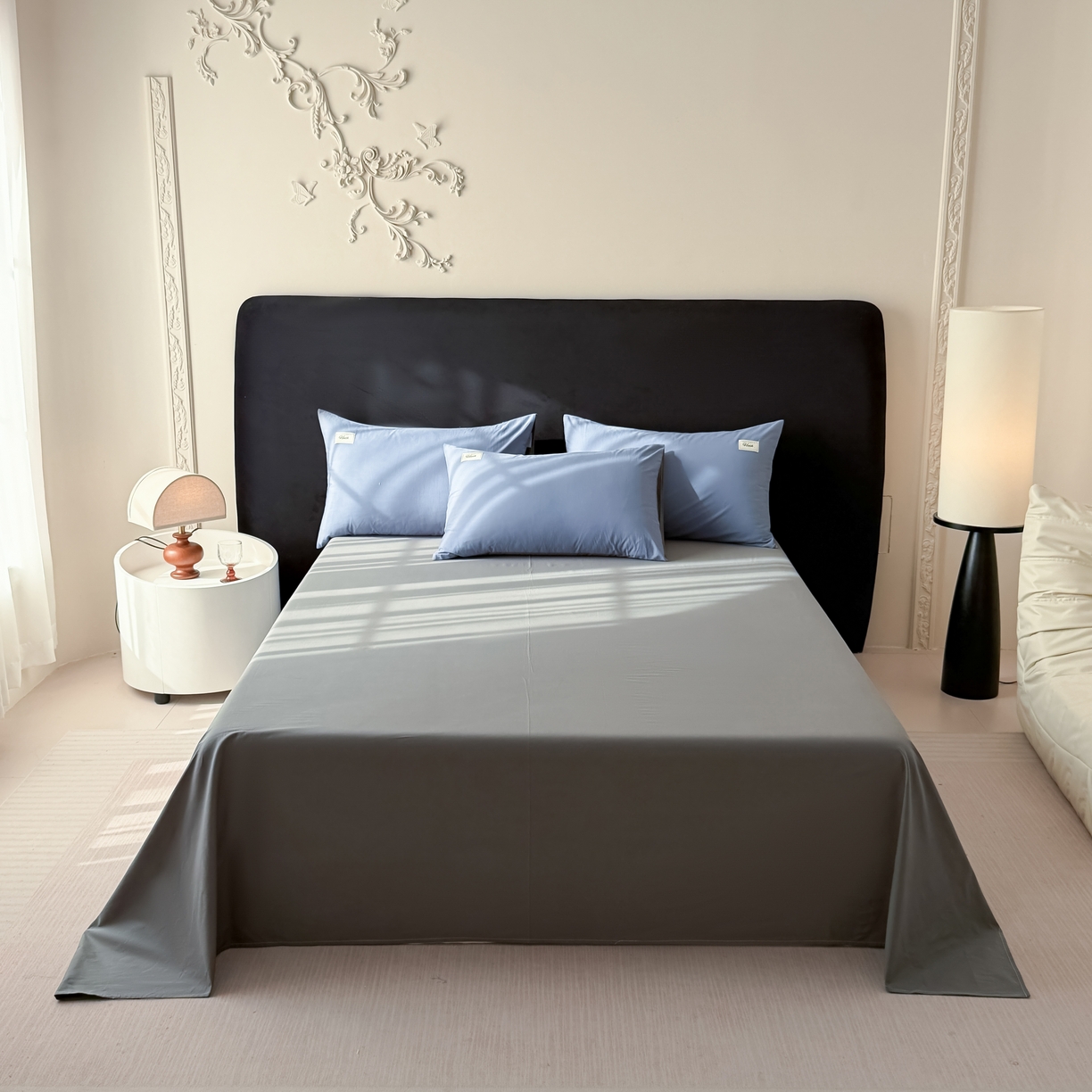 91家纺网 家纺一手货源 找家纺 木子家纺 2026新款高支高密全棉纯棉双拼纯色四件套 幽蓝深灰