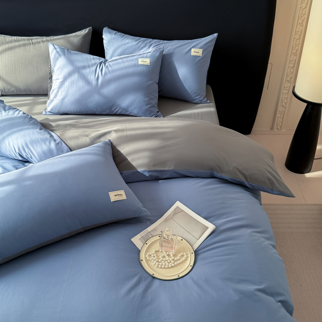 91家纺网 家纺一手货源 找家纺 木子家纺 2026新款高支高密全棉纯棉双拼纯色四件套 幽蓝深灰