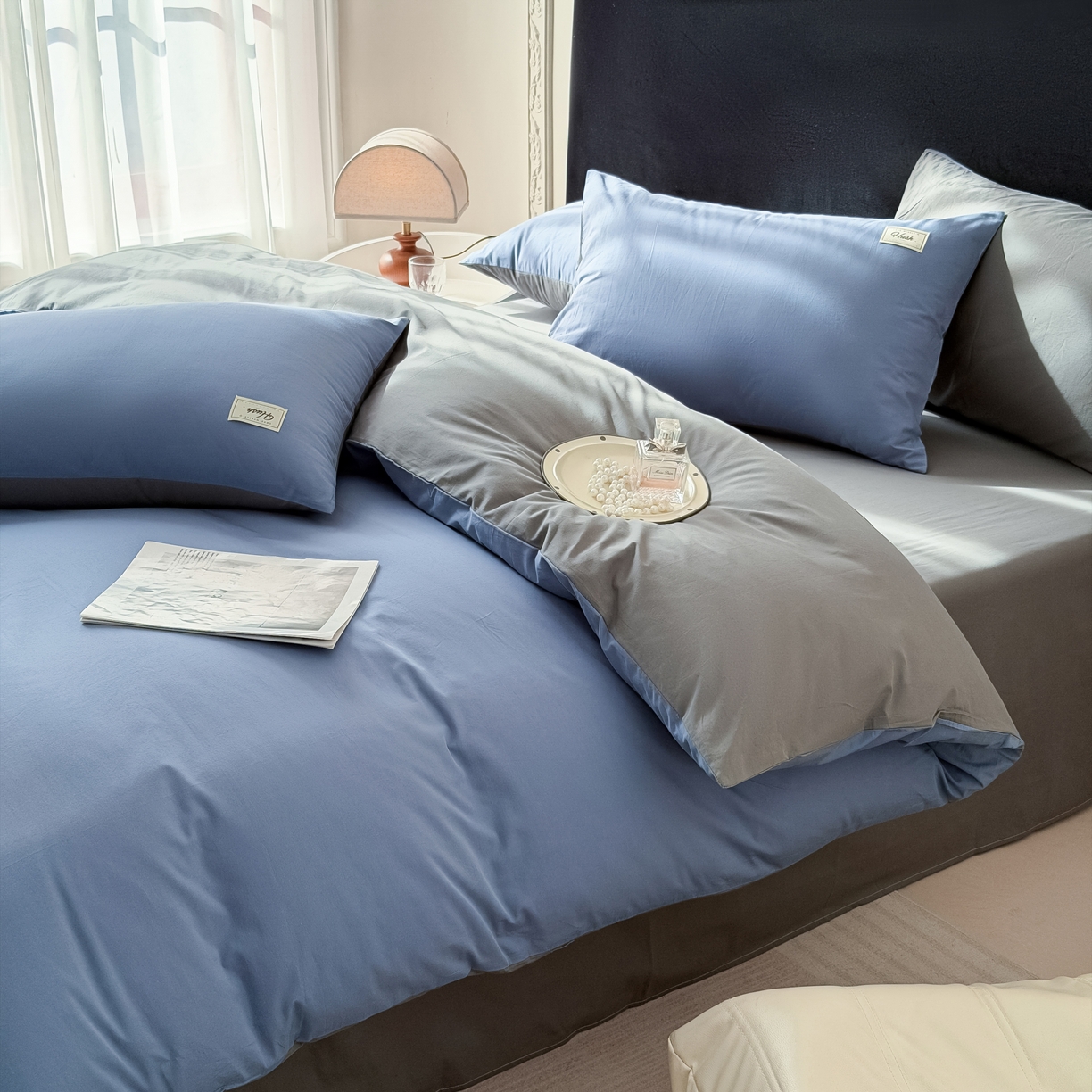 91家纺网 家纺一手货源 找家纺 木子家纺 2026新款高支高密全棉纯棉双拼纯色四件套 幽蓝深灰
