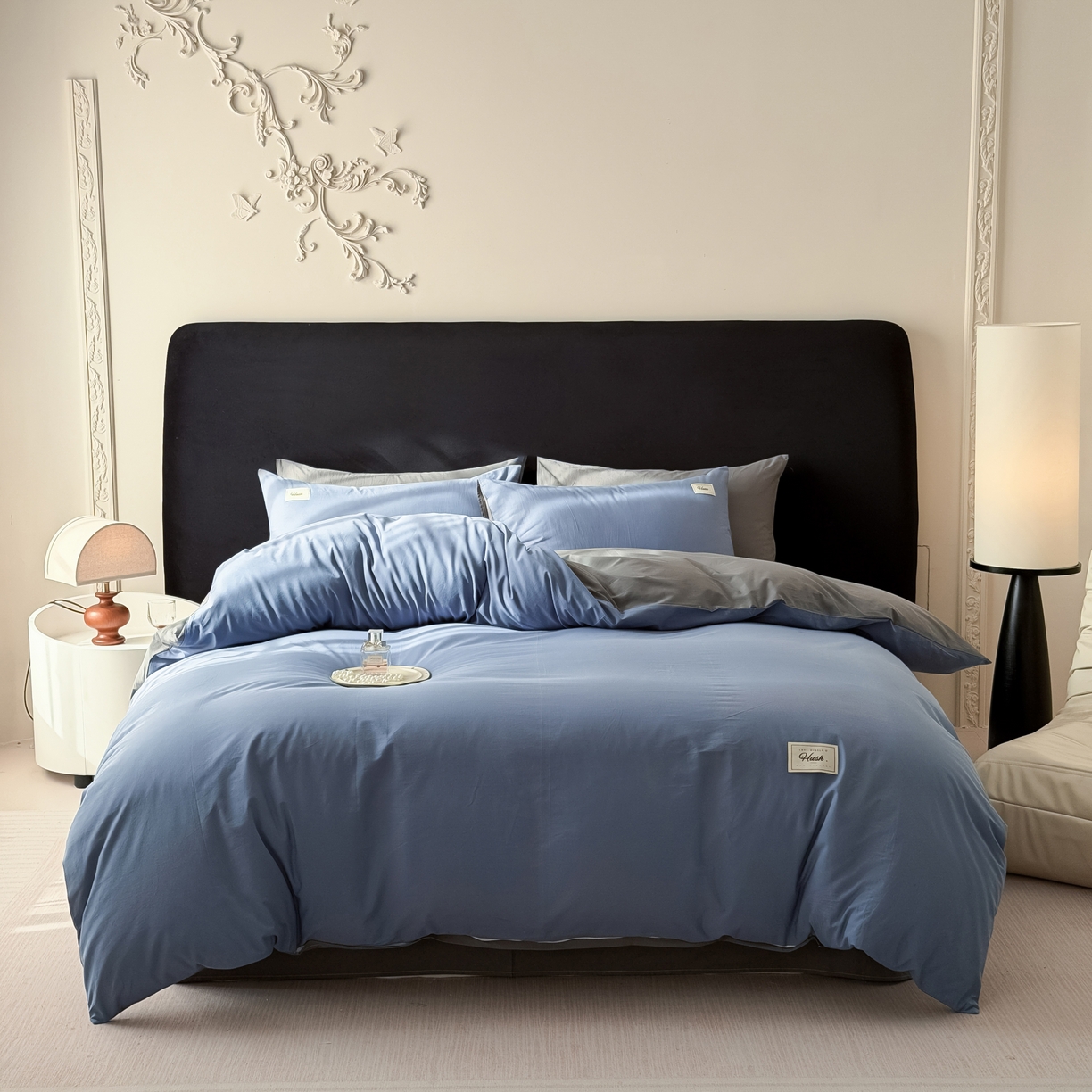 91家纺网 家纺一手货源 找家纺 木子家纺 2026新款高支高密全棉纯棉双拼纯色四件套 幽蓝深灰