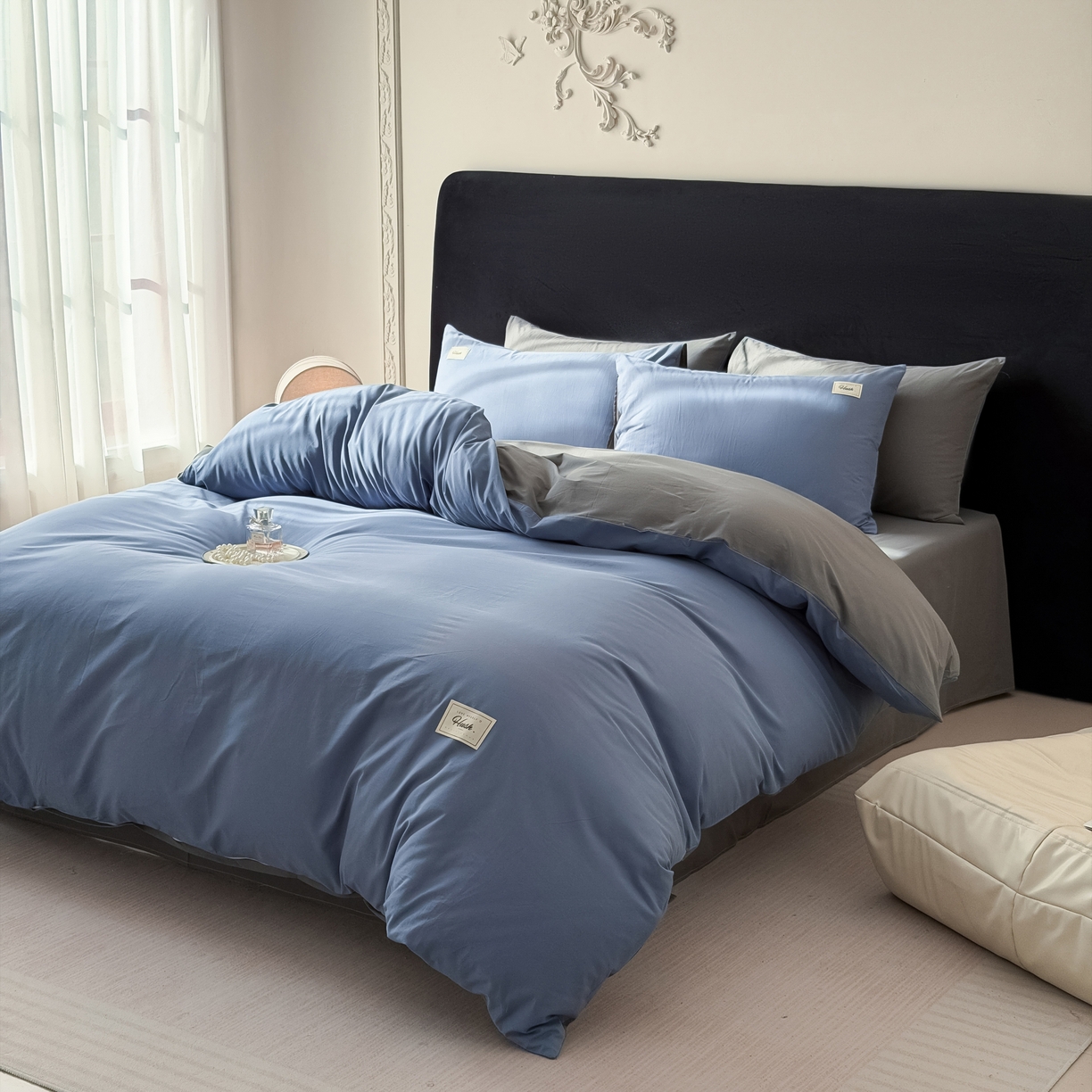 91家纺网 家纺一手货源 找家纺 木子家纺 2026新款高支高密全棉纯棉双拼纯色四件套 幽蓝深灰