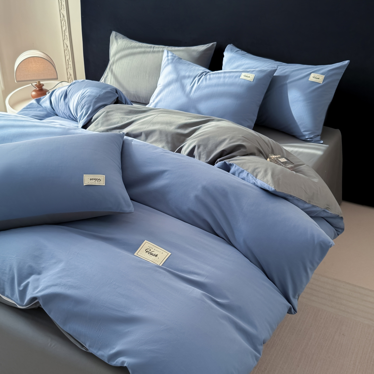 91家纺网 家纺一手货源 找家纺 木子家纺 2026新款高支高密全棉纯棉双拼纯色四件套 幽蓝深灰