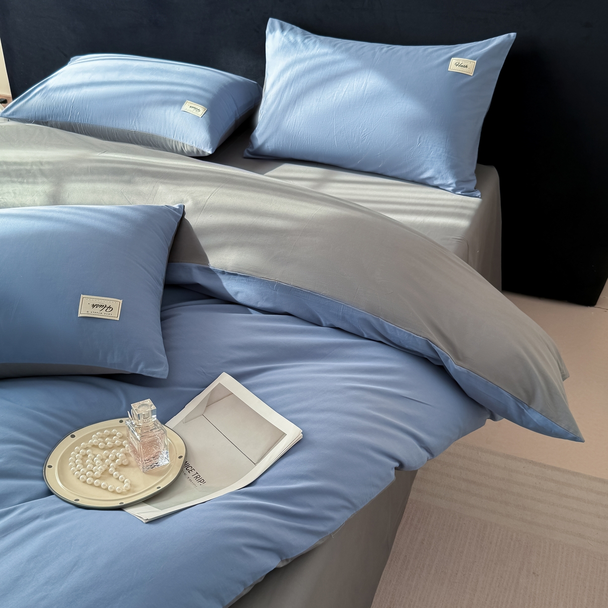 91家纺网 家纺一手货源 找家纺 木子家纺 2026新款高支高密全棉纯棉双拼纯色四件套 幽蓝深灰