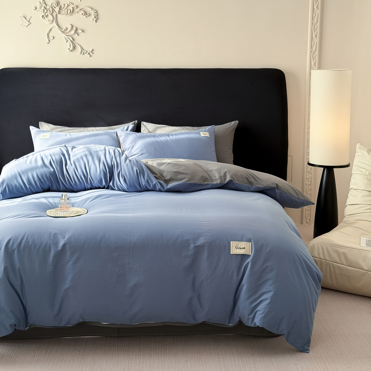 91家纺网 家纺一手货源 找家纺 木子家纺 2026新款高支高密全棉纯棉双拼纯色四件套 幽蓝深灰