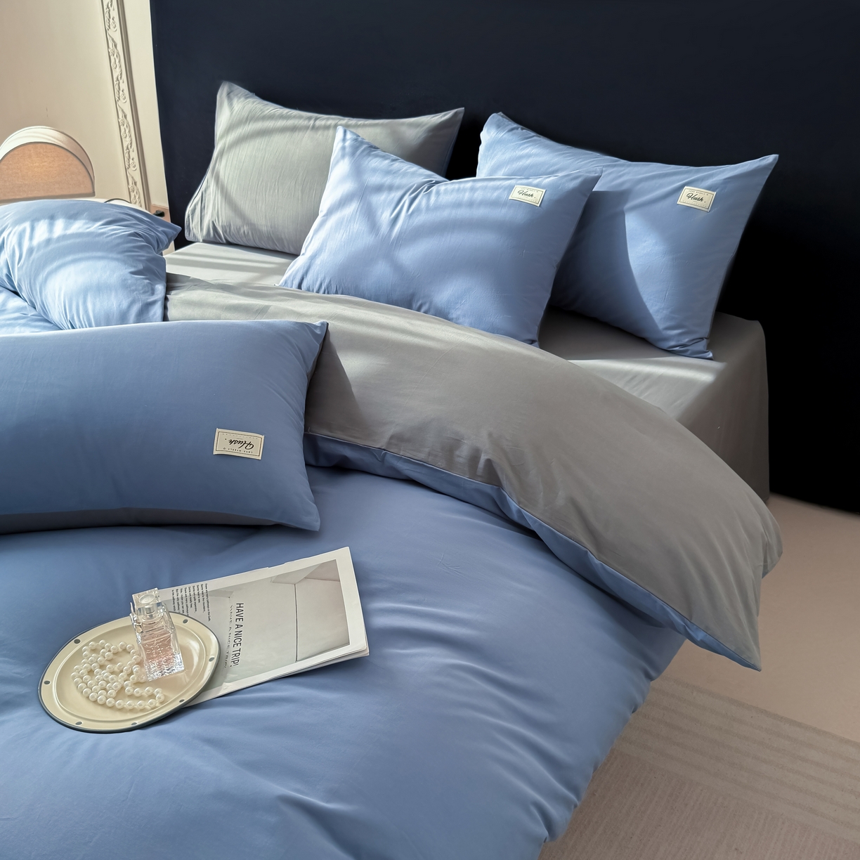 91家纺网 家纺一手货源 找家纺 木子家纺 2026新款高支高密全棉纯棉双拼纯色四件套 幽蓝深灰