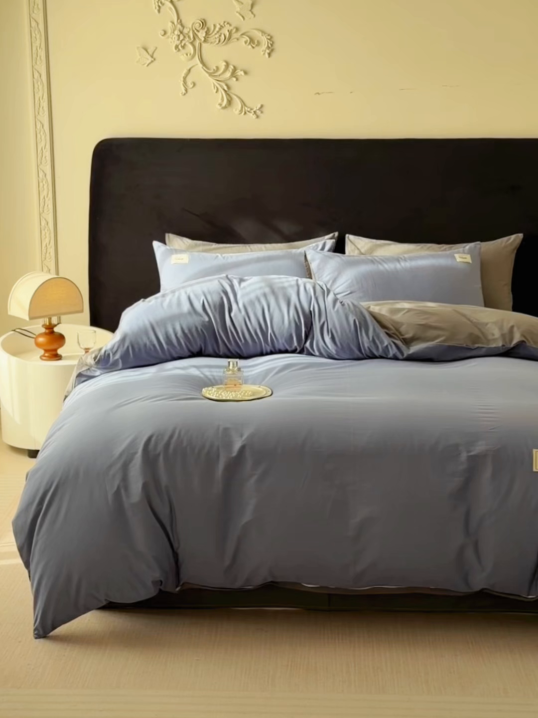 91家纺网 家纺一手货源 找家纺 木子家纺 2026新款高支高密全棉纯棉双拼纯色四件套 幽蓝深灰