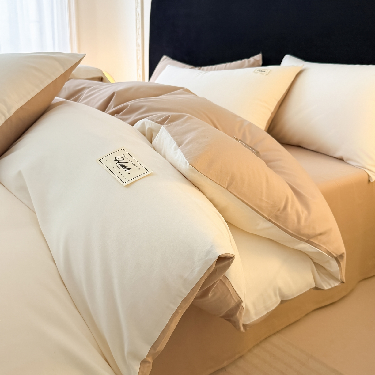 木子家纺 2026新款高支高密全棉纯棉双拼纯色四件套 云朵咖啡