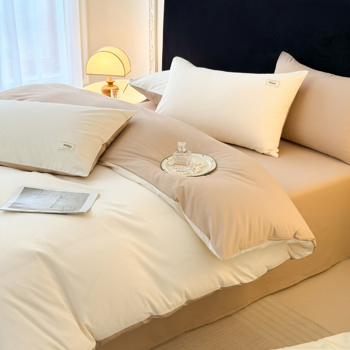 91家纺网 家纺一手货源 找家纺 木子家纺 2026新款高支高密全棉纯棉双拼纯色四件套 云朵咖啡