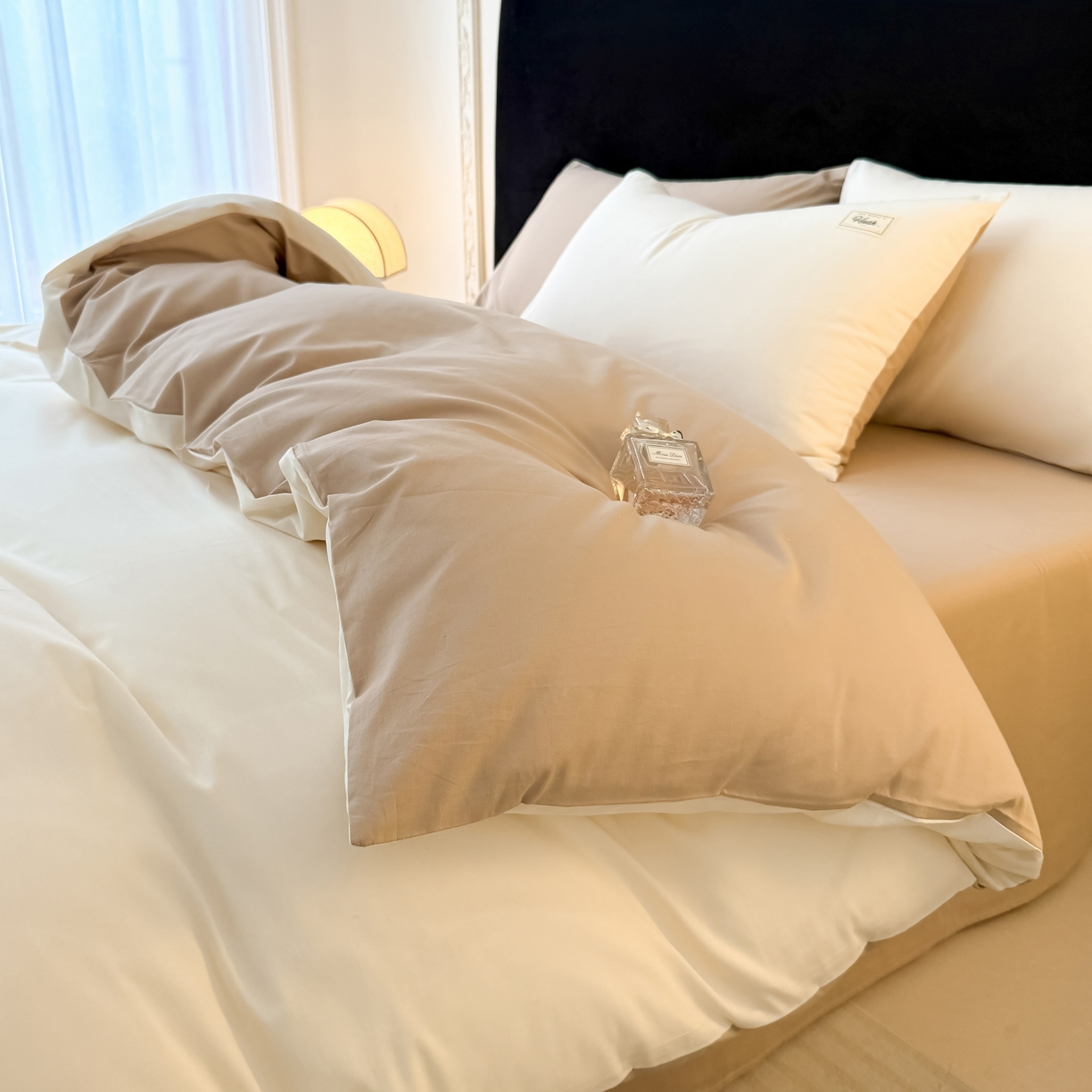 91家纺网 家纺一手货源 找家纺 木子家纺 2026新款高支高密全棉纯棉双拼纯色四件套 云朵咖啡