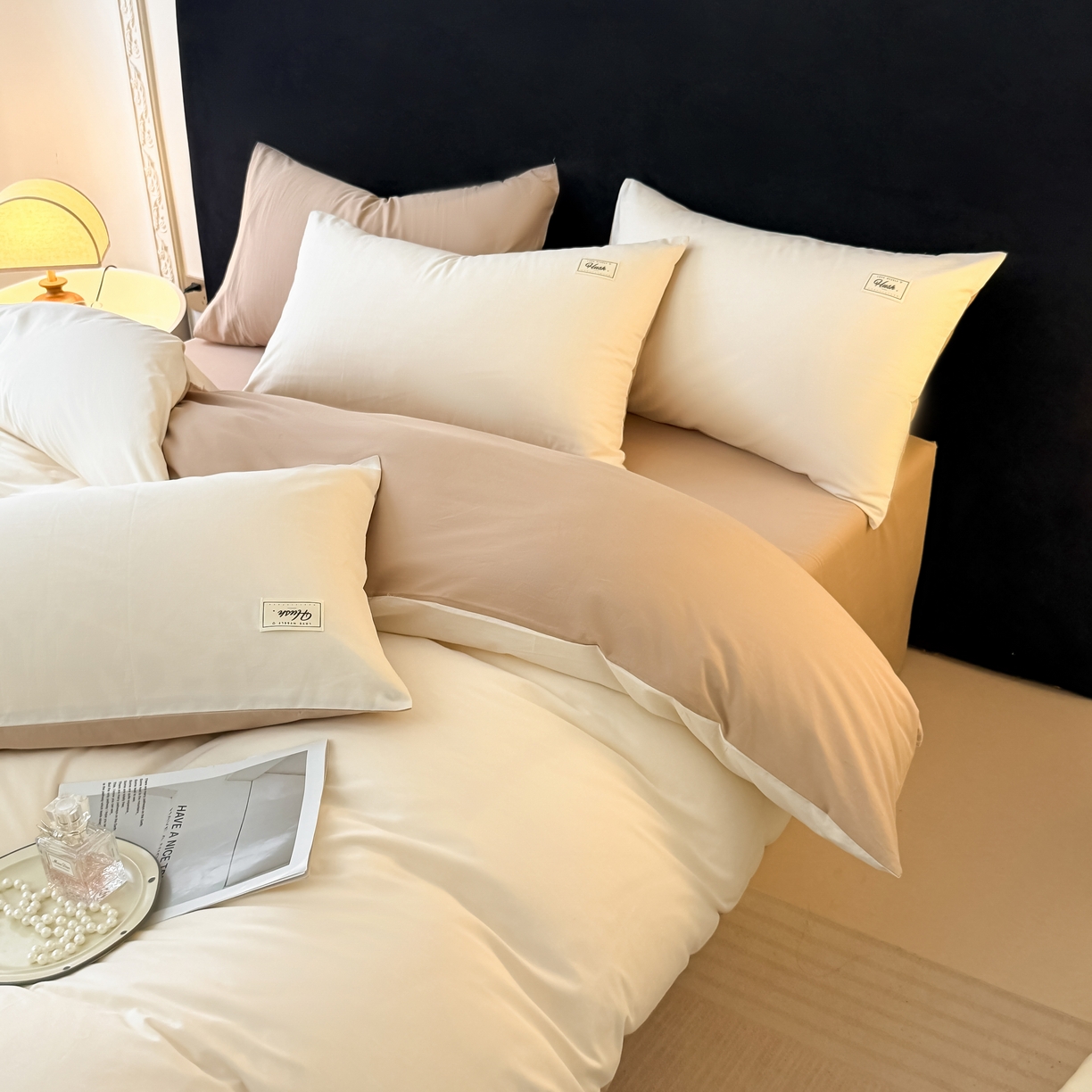 91家纺网 家纺一手货源 找家纺 木子家纺 2026新款高支高密全棉纯棉双拼纯色四件套 云朵咖啡