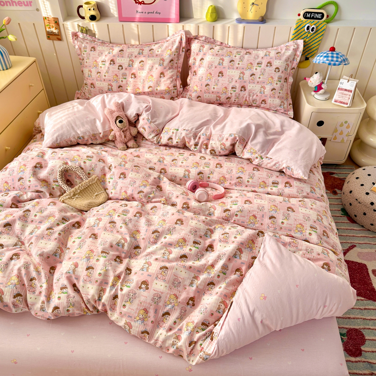 91家纺网 家纺一手货源 找家纺 乐童家纺 2026新款全棉网红直播爆款吊边一字绣工艺款四件套-系列二 派对女孩