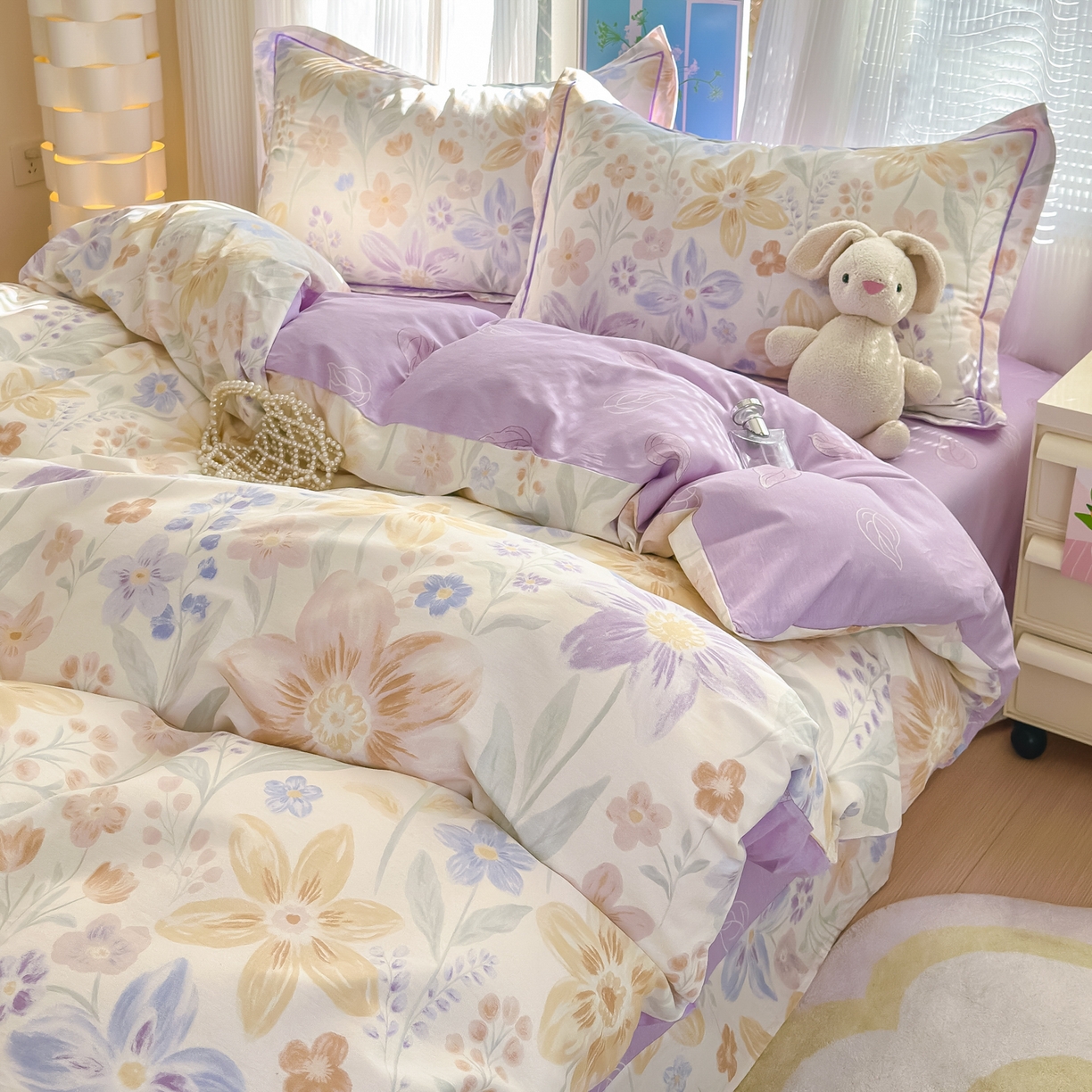 91家纺网 家纺一手货源 找家纺 乐童家纺 2026新款全棉网红直播爆款吊边一字绣工艺款四件套-系列二 柔色花笺