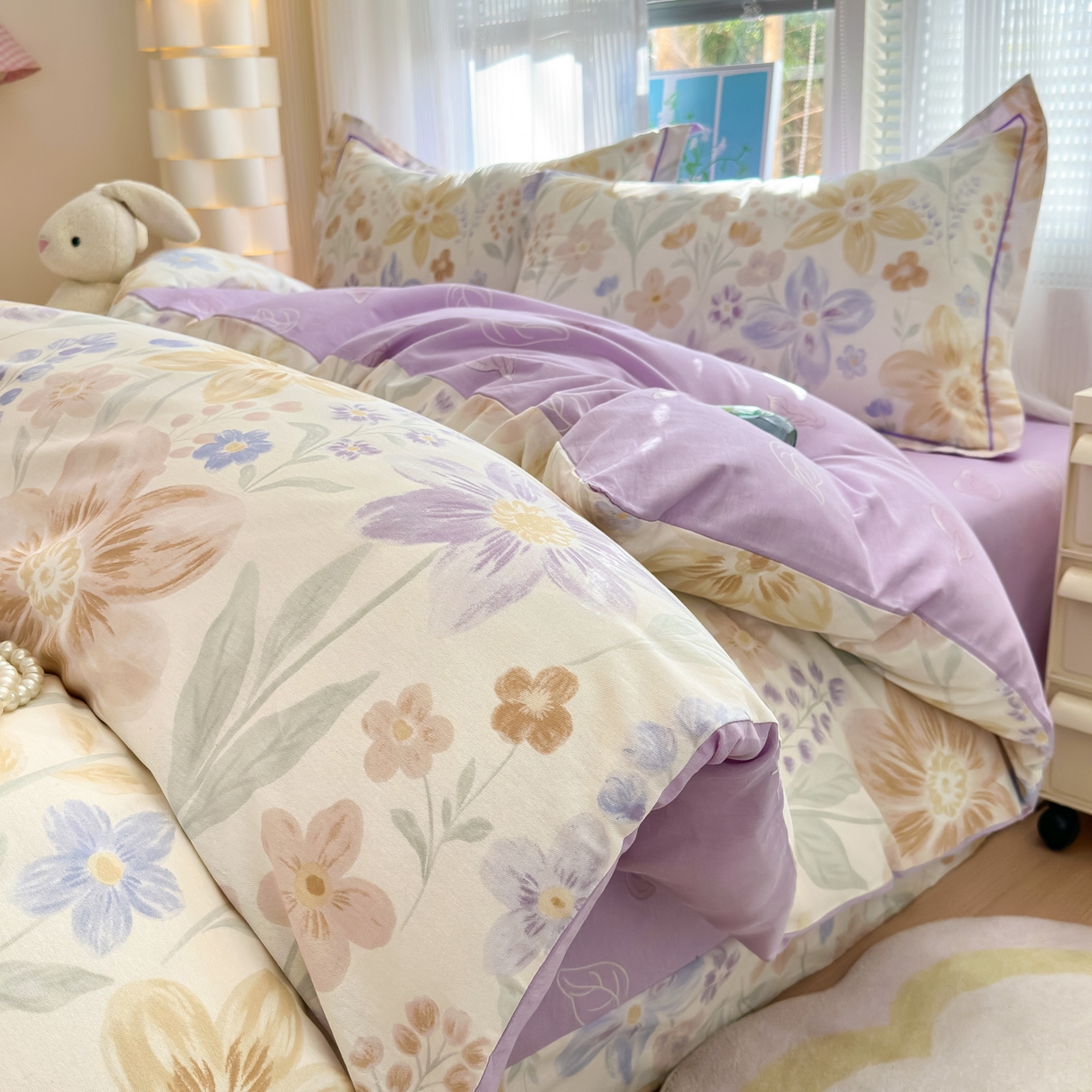 91家纺网 家纺一手货源 找家纺 乐童家纺 2026新款全棉网红直播爆款吊边一字绣工艺款四件套-系列二 柔色花笺