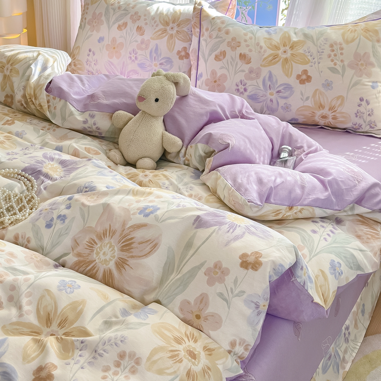 91家纺网 家纺一手货源 找家纺 乐童家纺 2026新款全棉网红直播爆款吊边一字绣工艺款四件套-系列二 柔色花笺