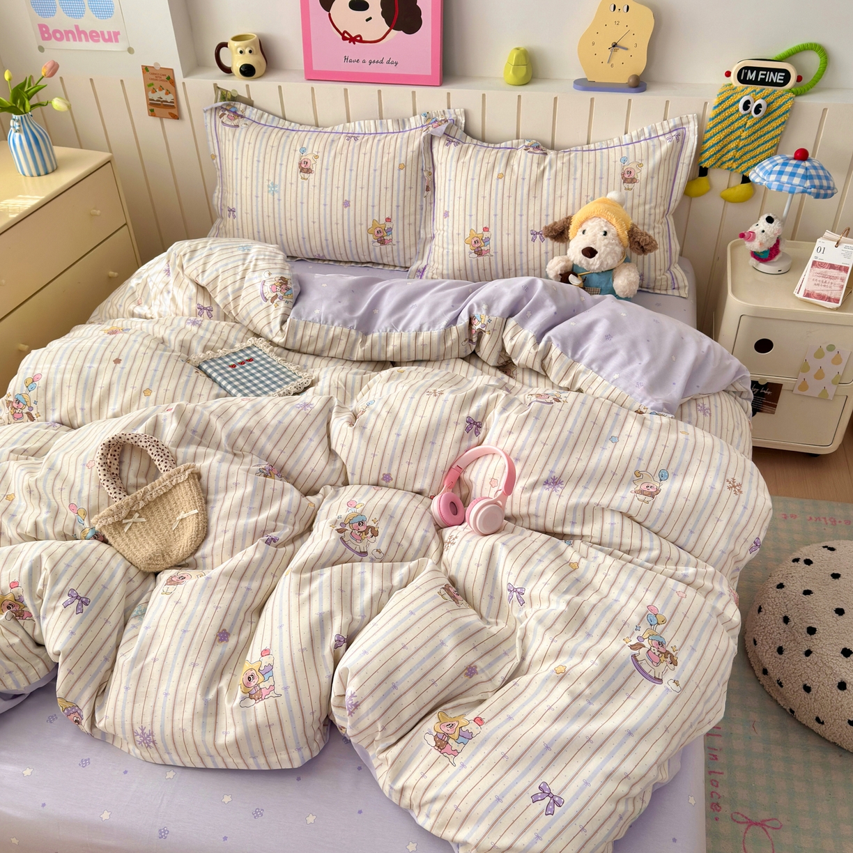 91家纺网 家纺一手货源 找家纺 乐童家纺 2026新款全棉网红直播爆款吊边一字绣工艺款四件套-系列二 小精灵