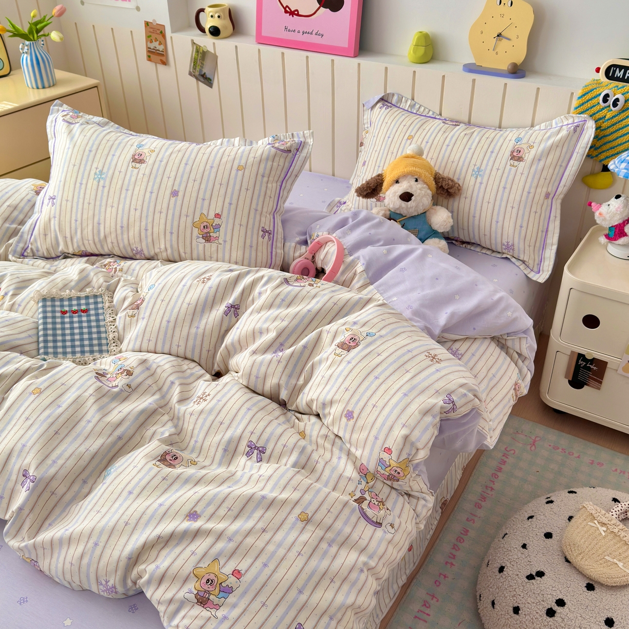 91家纺网 家纺一手货源 找家纺 乐童家纺 2026新款全棉网红直播爆款吊边一字绣工艺款四件套-系列二 小精灵