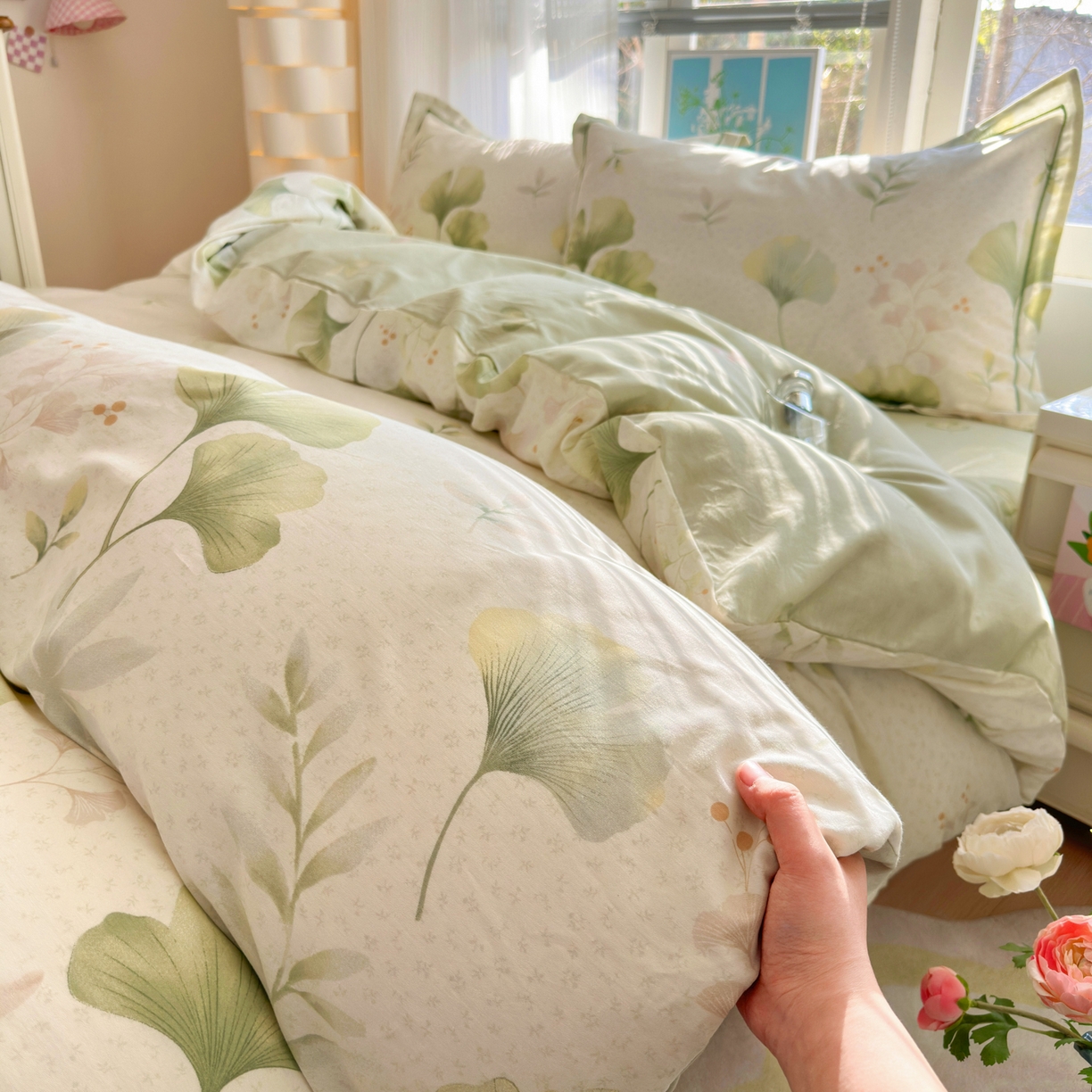 91家纺网 家纺一手货源 找家纺 乐童家纺 2026新款全棉网红直播爆款吊边一字绣工艺款四件套-系列二 银杏疏影