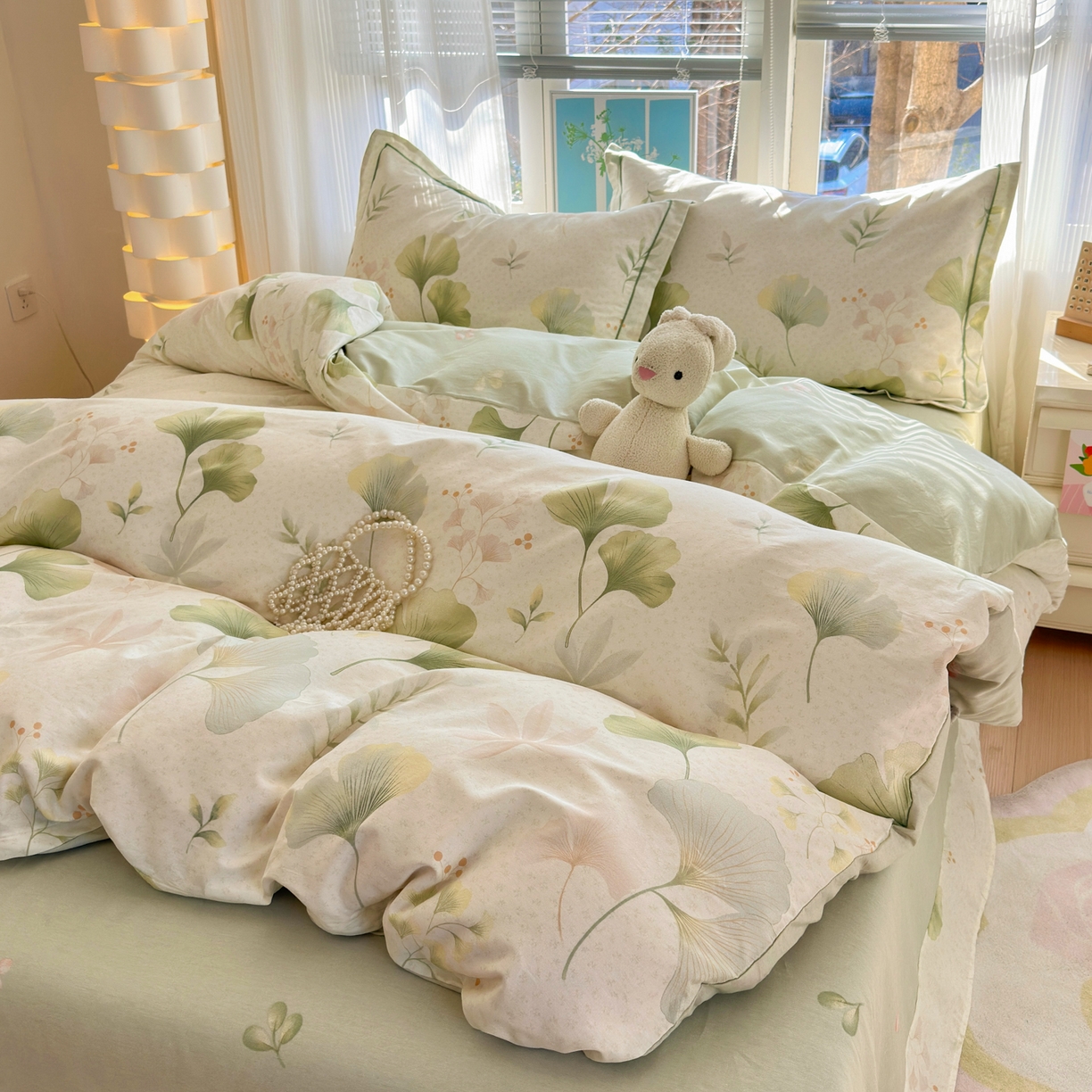 91家纺网 家纺一手货源 找家纺 乐童家纺 2026新款全棉网红直播爆款吊边一字绣工艺款四件套-系列二 银杏疏影