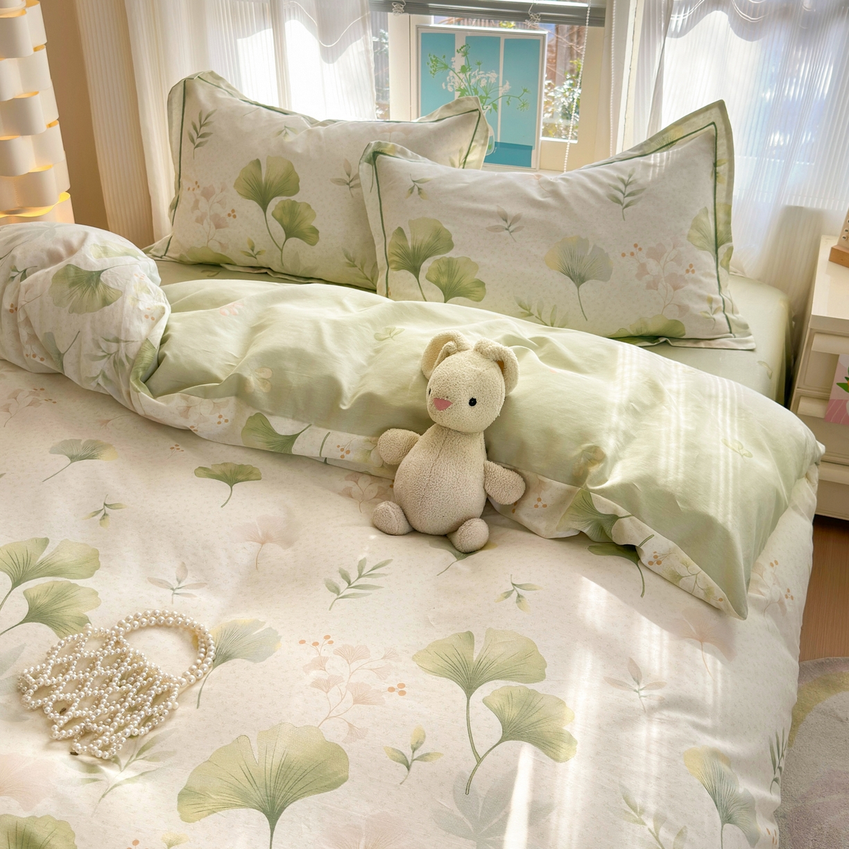 91家纺网 家纺一手货源 找家纺 乐童家纺 2026新款全棉网红直播爆款吊边一字绣工艺款四件套-系列二 银杏疏影