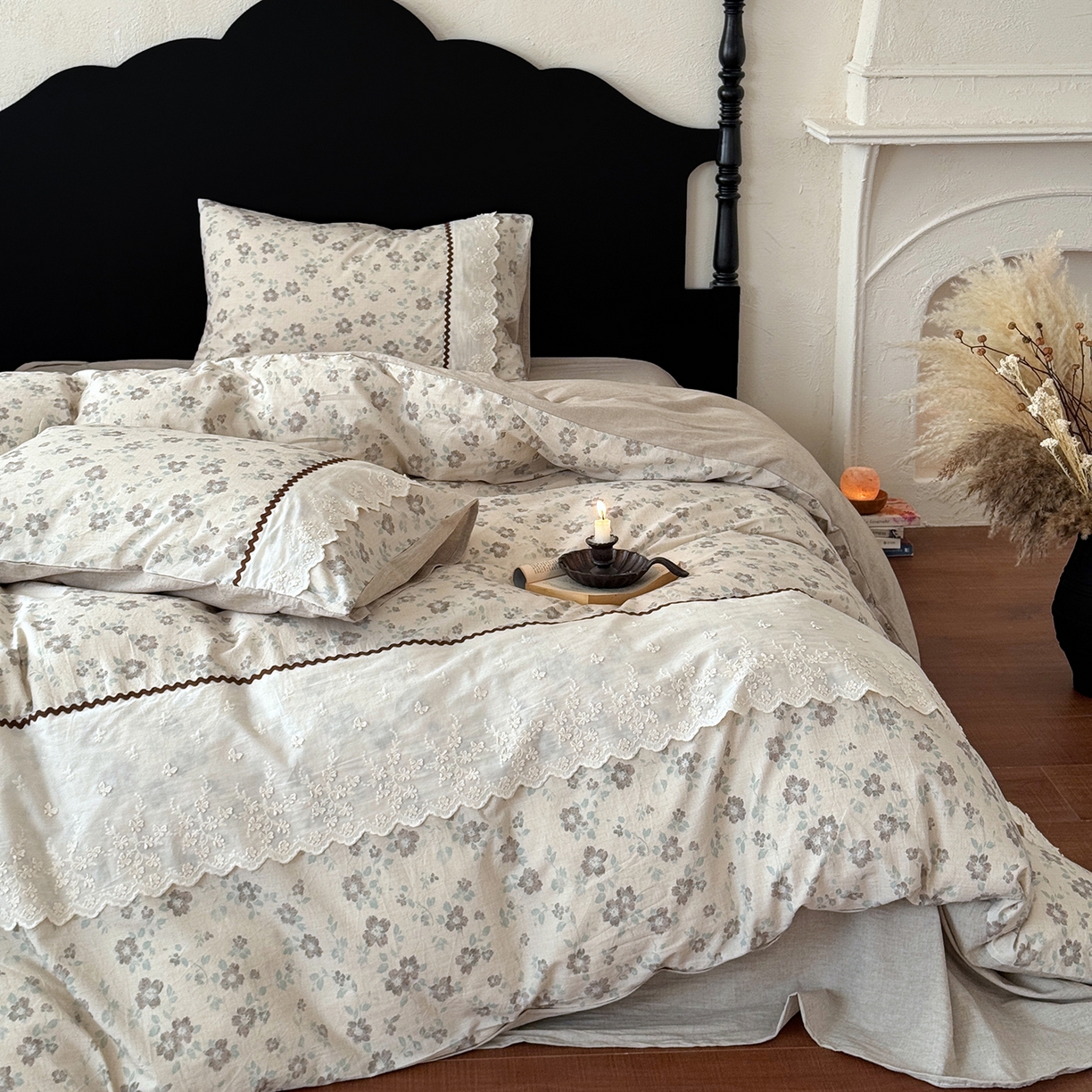 91家纺网 家纺一手货源 找家纺 淑女公社家纺 2026新款法式立体蝴蝶花边棉麻四件套 花香满园 绿