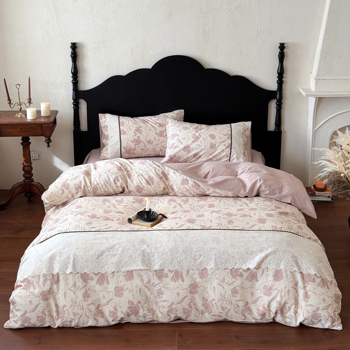 淑女公社家纺 2026新款法式立体蝴蝶花边棉麻四件套 秋棠 红