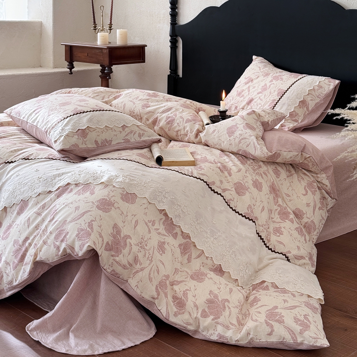 91家纺网 家纺一手货源 找家纺 淑女公社家纺 2026新款法式立体蝴蝶花边棉麻四件套 秋棠 红