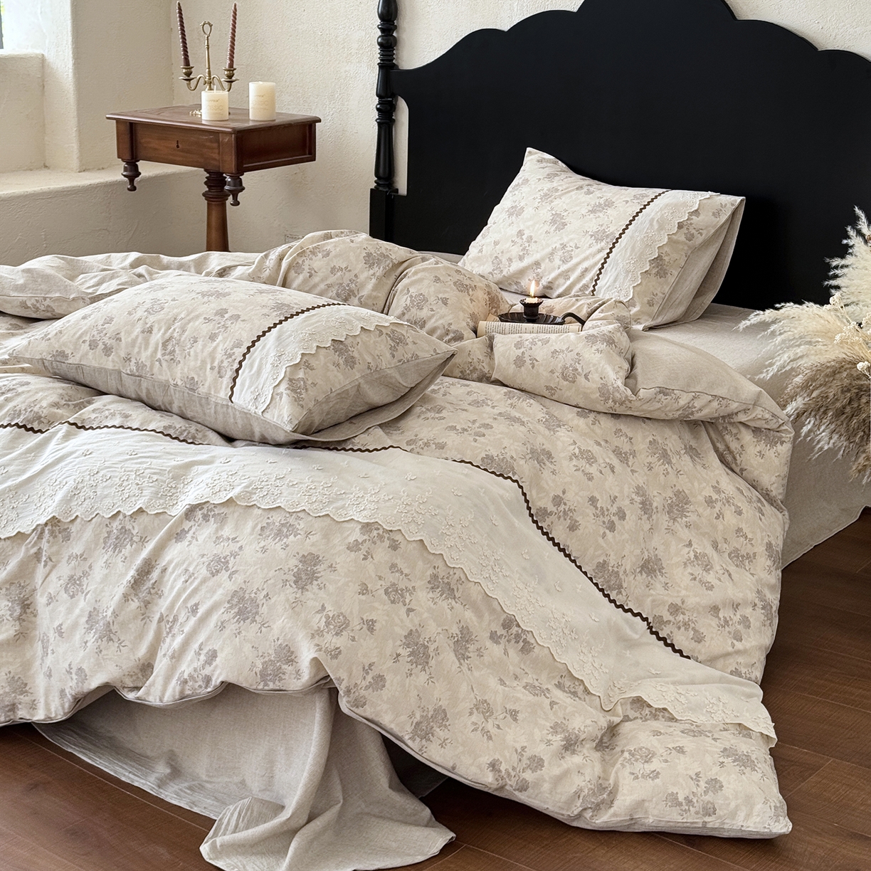 91家纺网 家纺一手货源 找家纺 淑女公社家纺 2026新款法式立体蝴蝶花边棉麻四件套 时雨 咖