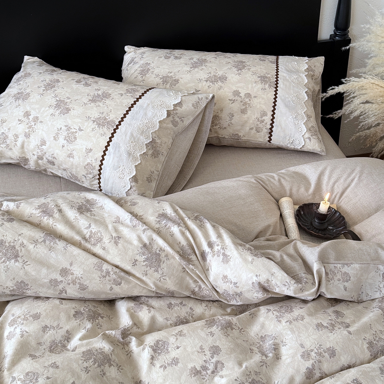 91家纺网 家纺一手货源 找家纺 淑女公社家纺 2026新款法式立体蝴蝶花边棉麻四件套 时雨 咖