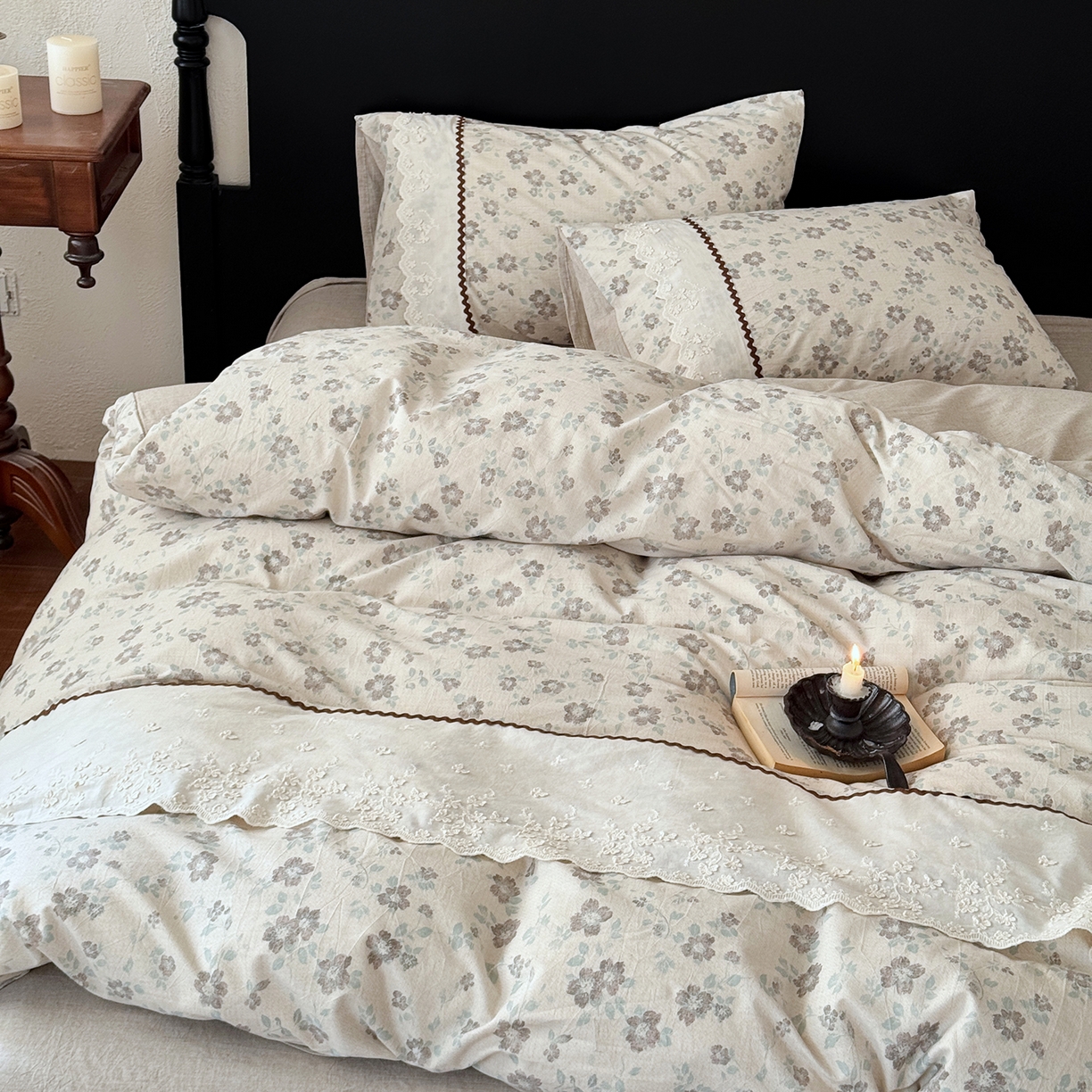 91家纺网 家纺一手货源 找家纺 淑女公社家纺 2026新款法式立体蝴蝶花边棉麻四件套 花香满园 绿