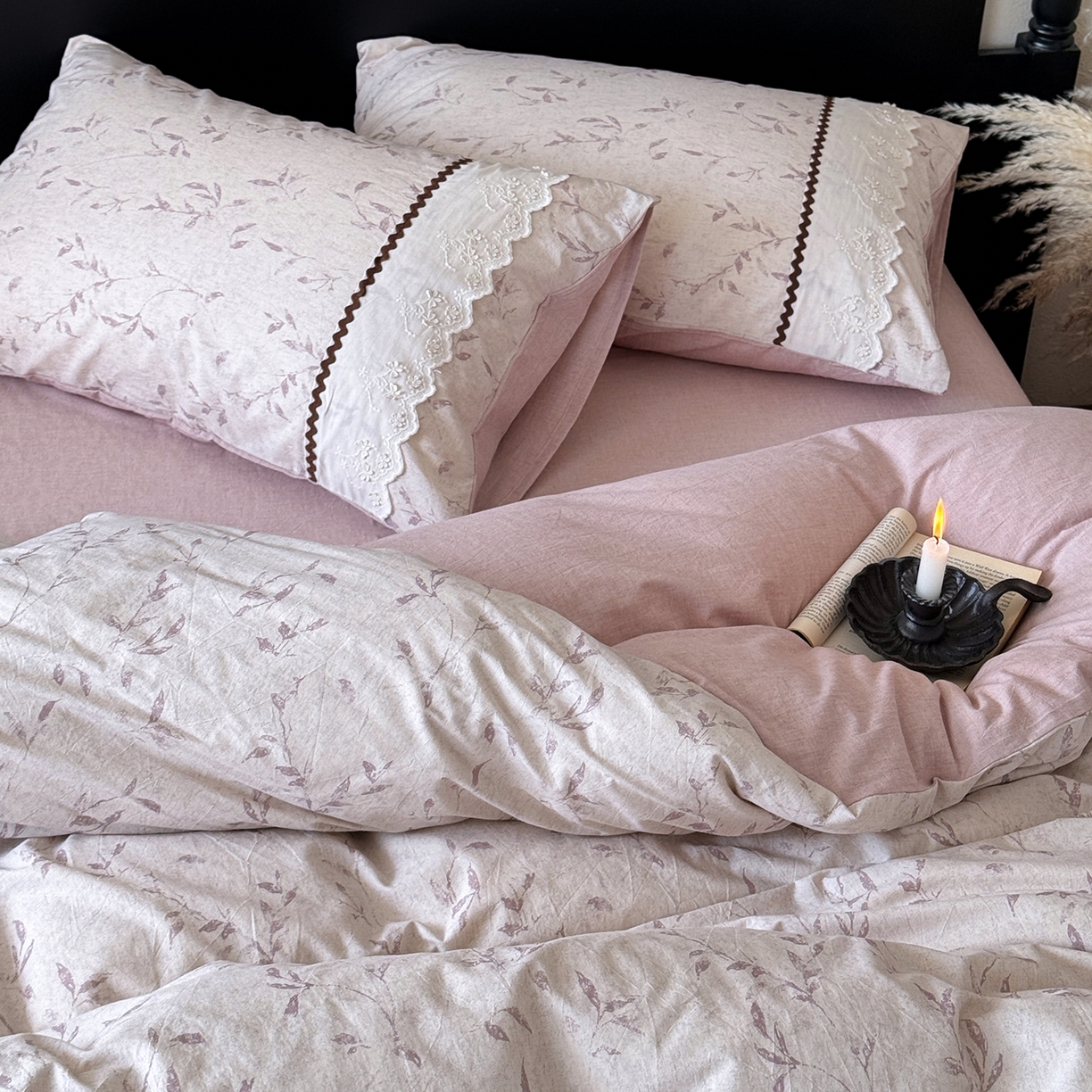 91家纺网 家纺一手货源 找家纺 淑女公社家纺 2026新款法式立体蝴蝶花边棉麻四件套 晚枝 红