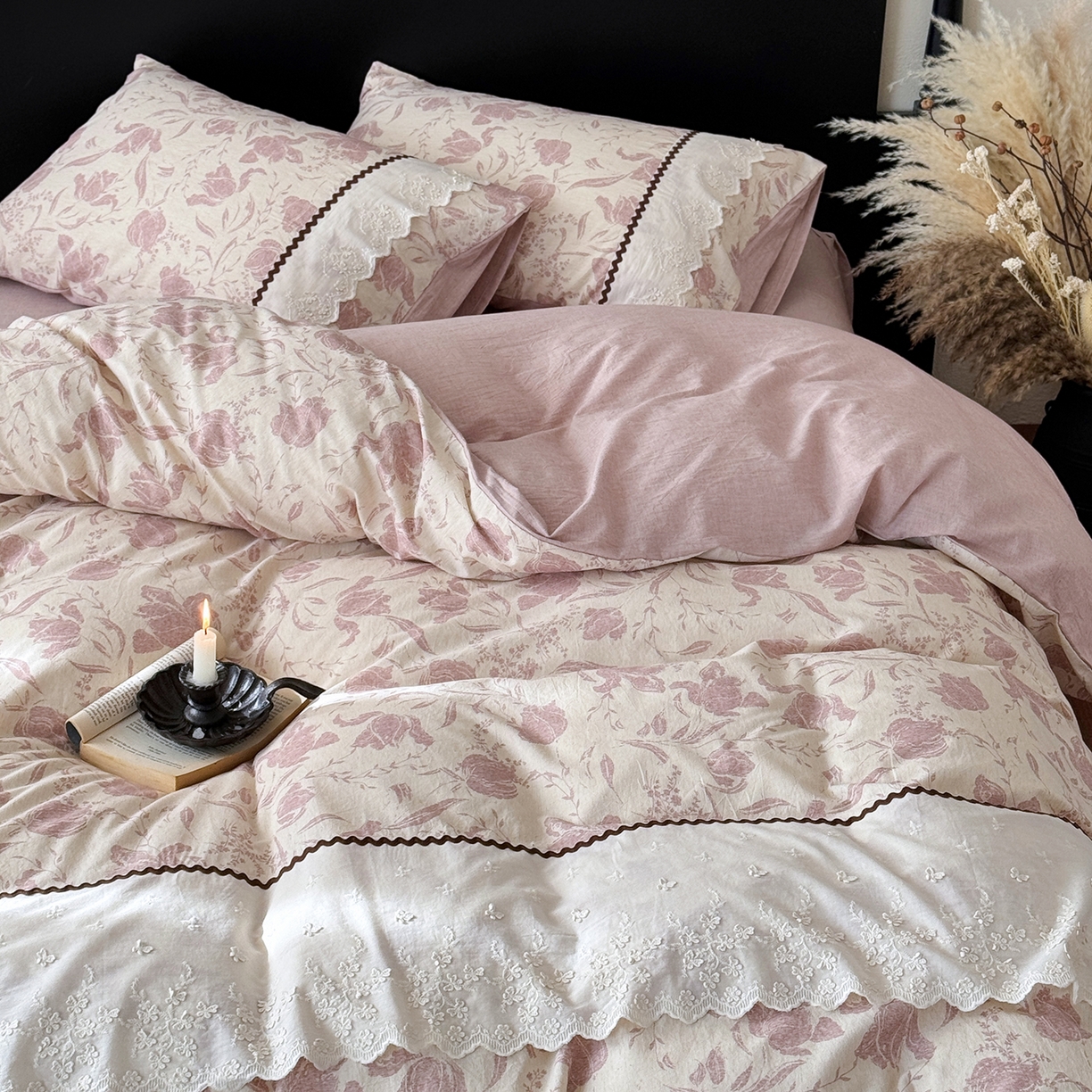 91家纺网 家纺一手货源 找家纺 淑女公社家纺 2026新款法式立体蝴蝶花边棉麻四件套 秋棠 红