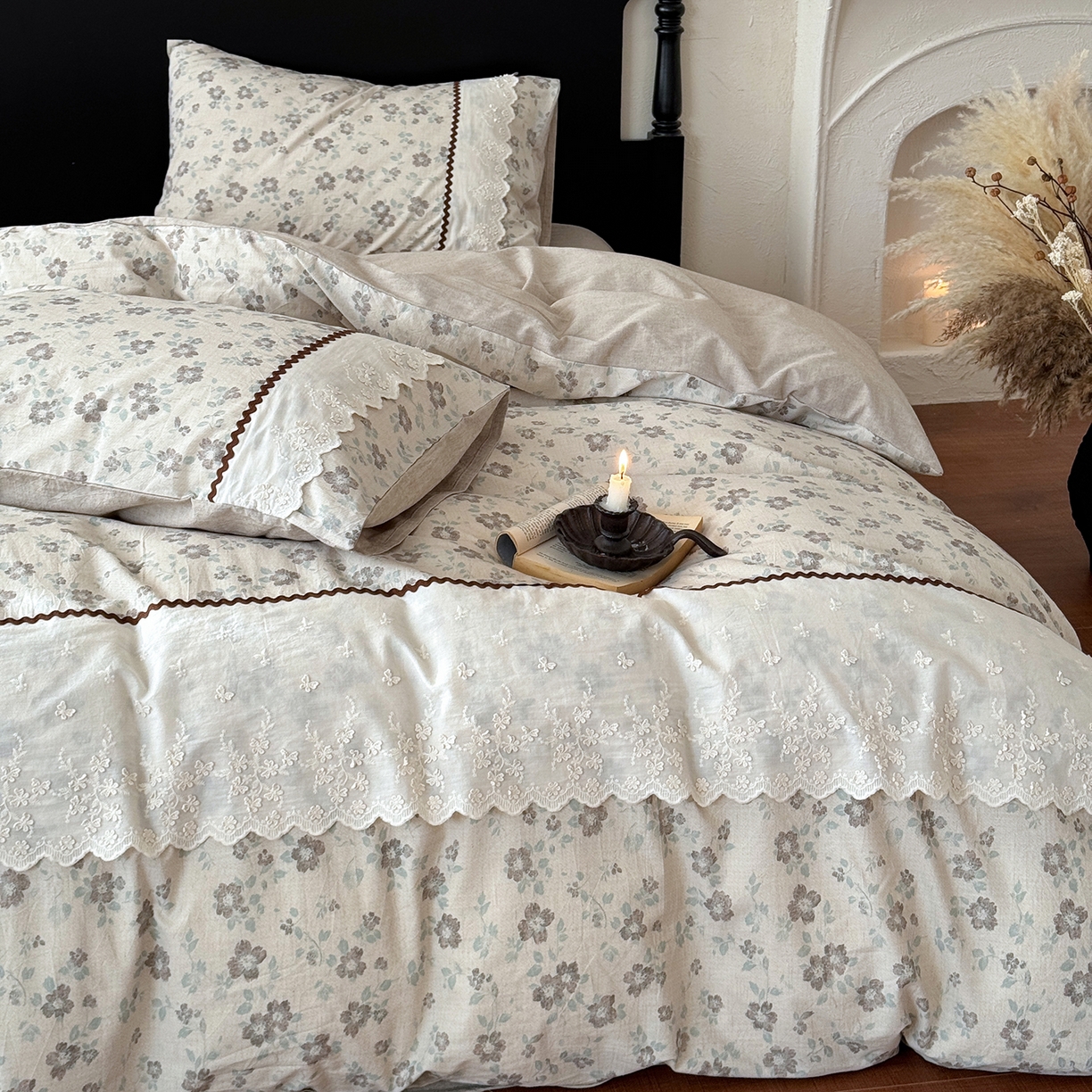 91家纺网 家纺一手货源 找家纺 淑女公社家纺 2026新款法式立体蝴蝶花边棉麻四件套 花香满园 绿