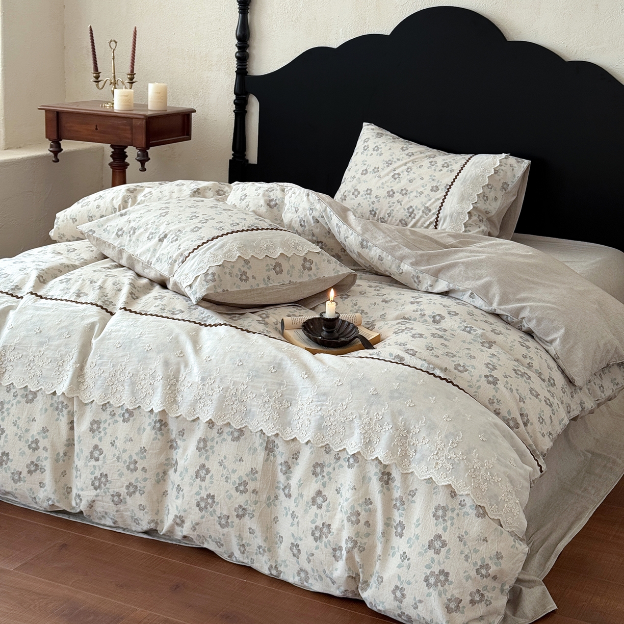 91家纺网 家纺一手货源 找家纺 淑女公社家纺 2026新款法式立体蝴蝶花边棉麻四件套 花香满园 绿