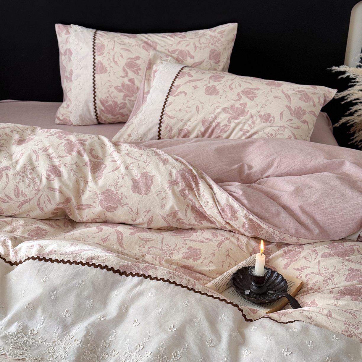 91家纺网 家纺一手货源 找家纺 淑女公社家纺 2026新款法式立体蝴蝶花边棉麻四件套 秋棠 红